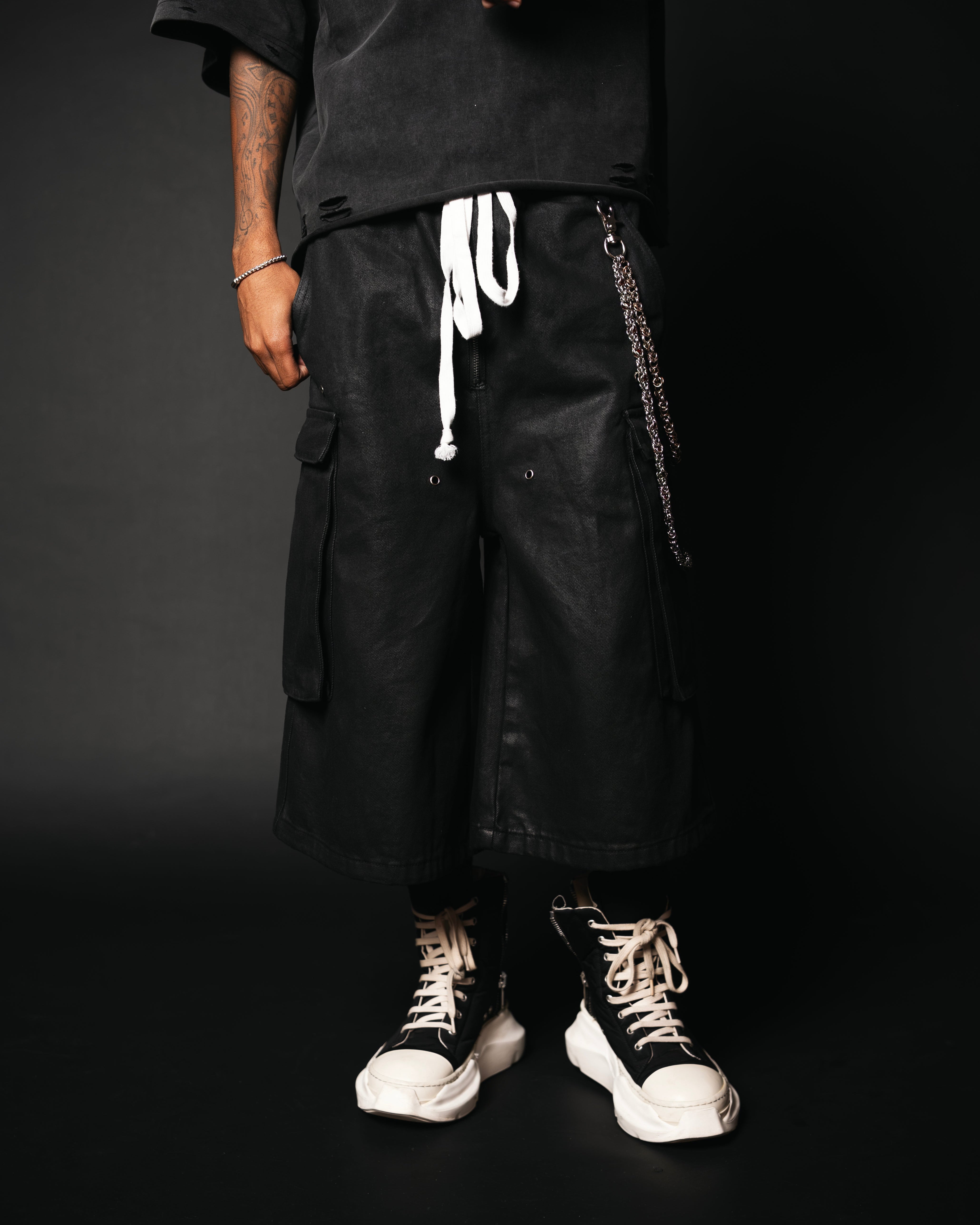 WAXED DENIM LONG CARGO SHORTS