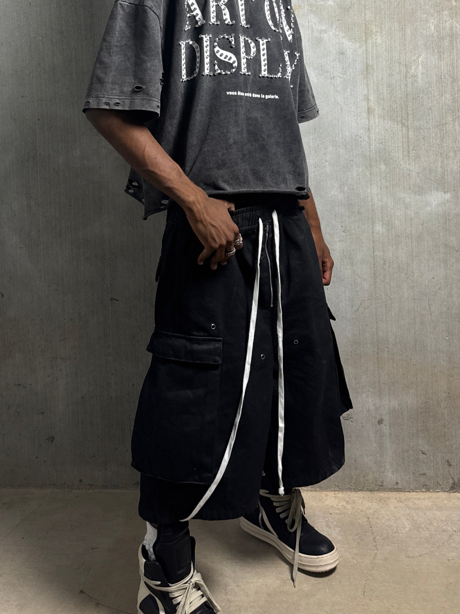 WAXED DENIM LONG CARGO SHORTS