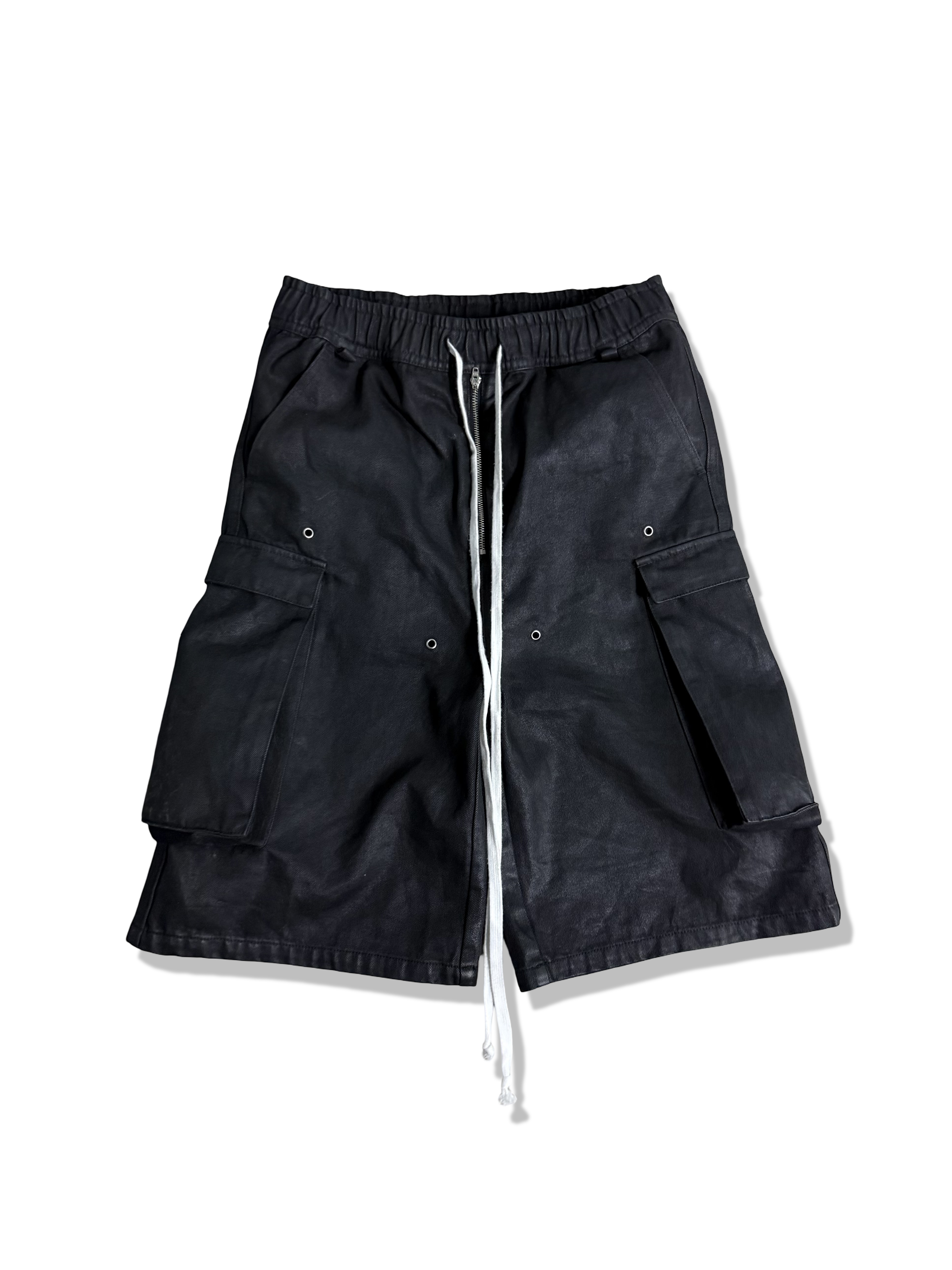 WAXED DENIM LONG CARGO SHORTS
