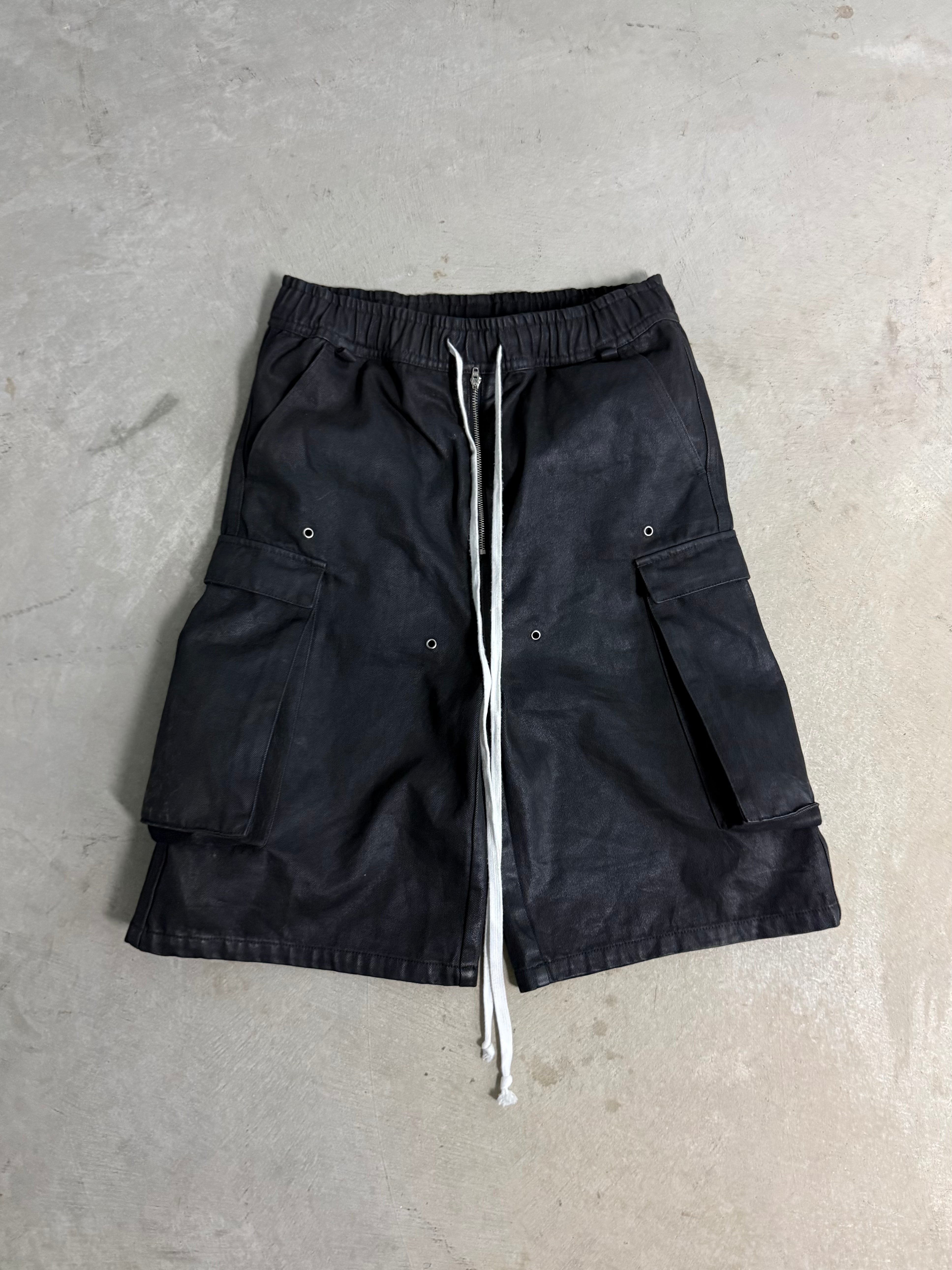 WAXED DENIM LONG CARGO SHORTS
