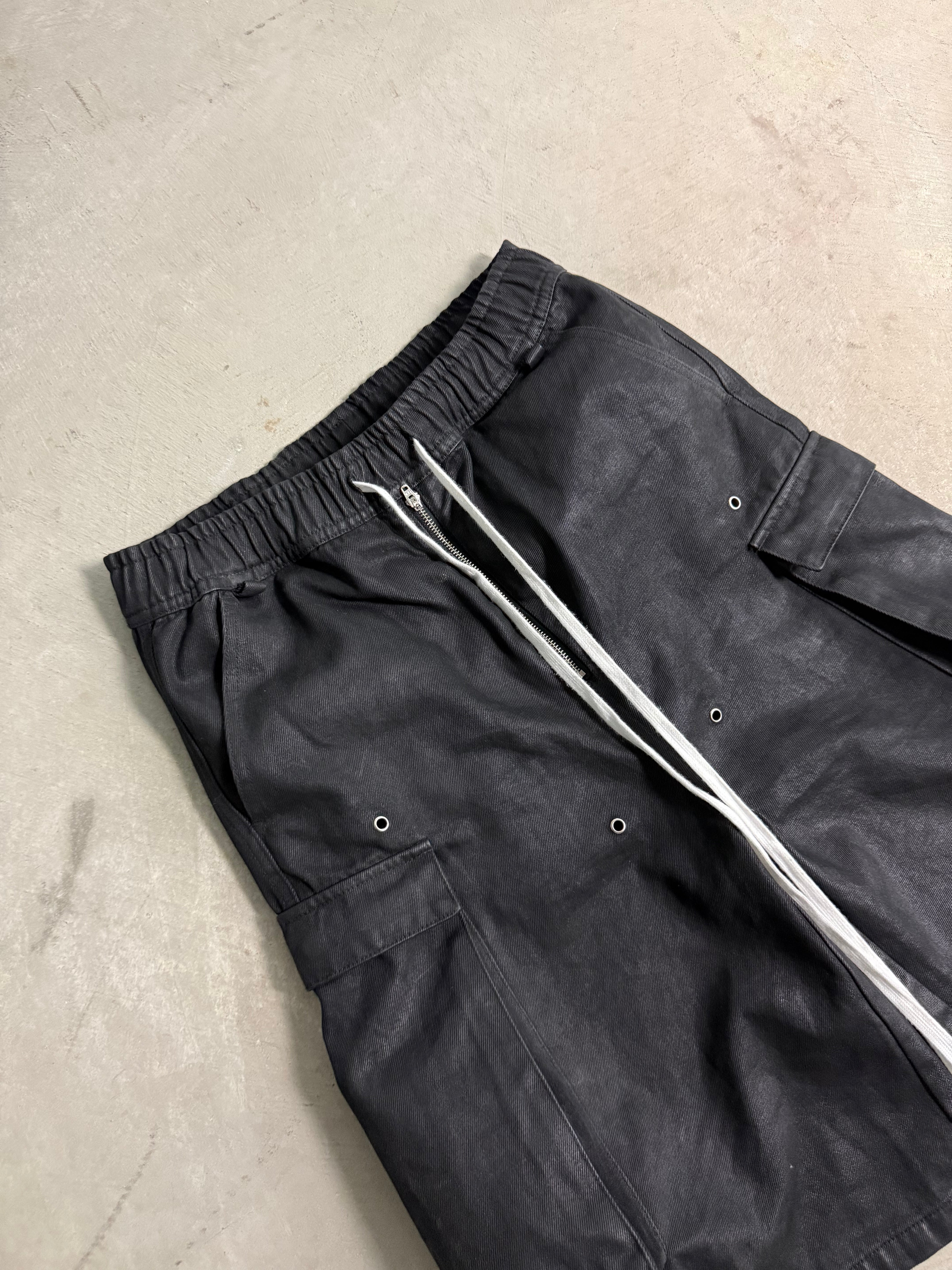 WAXED DENIM LONG CARGO SHORTS