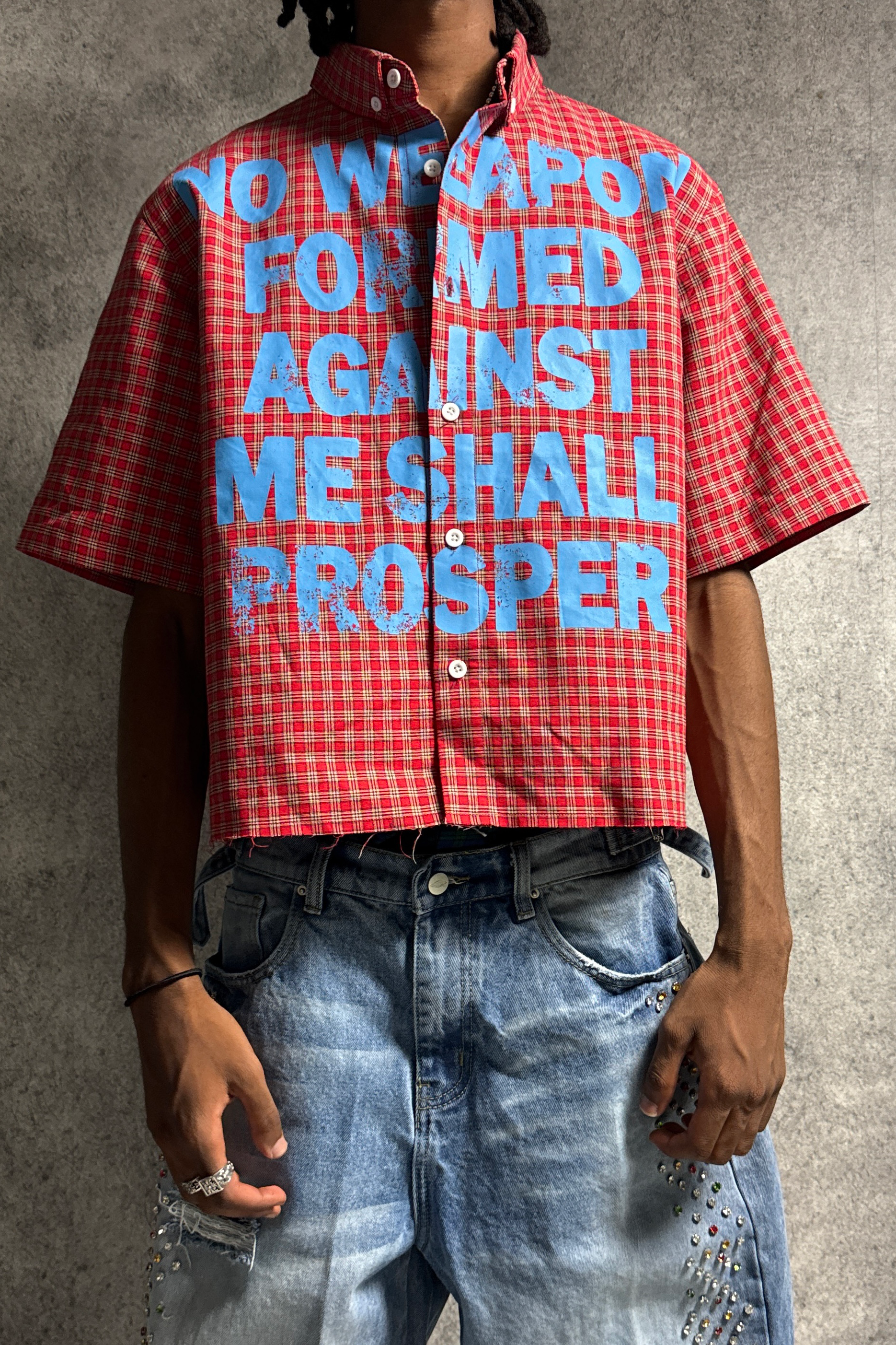 'NO WEAPON FORMED' PLAID BUTTON SHIRT