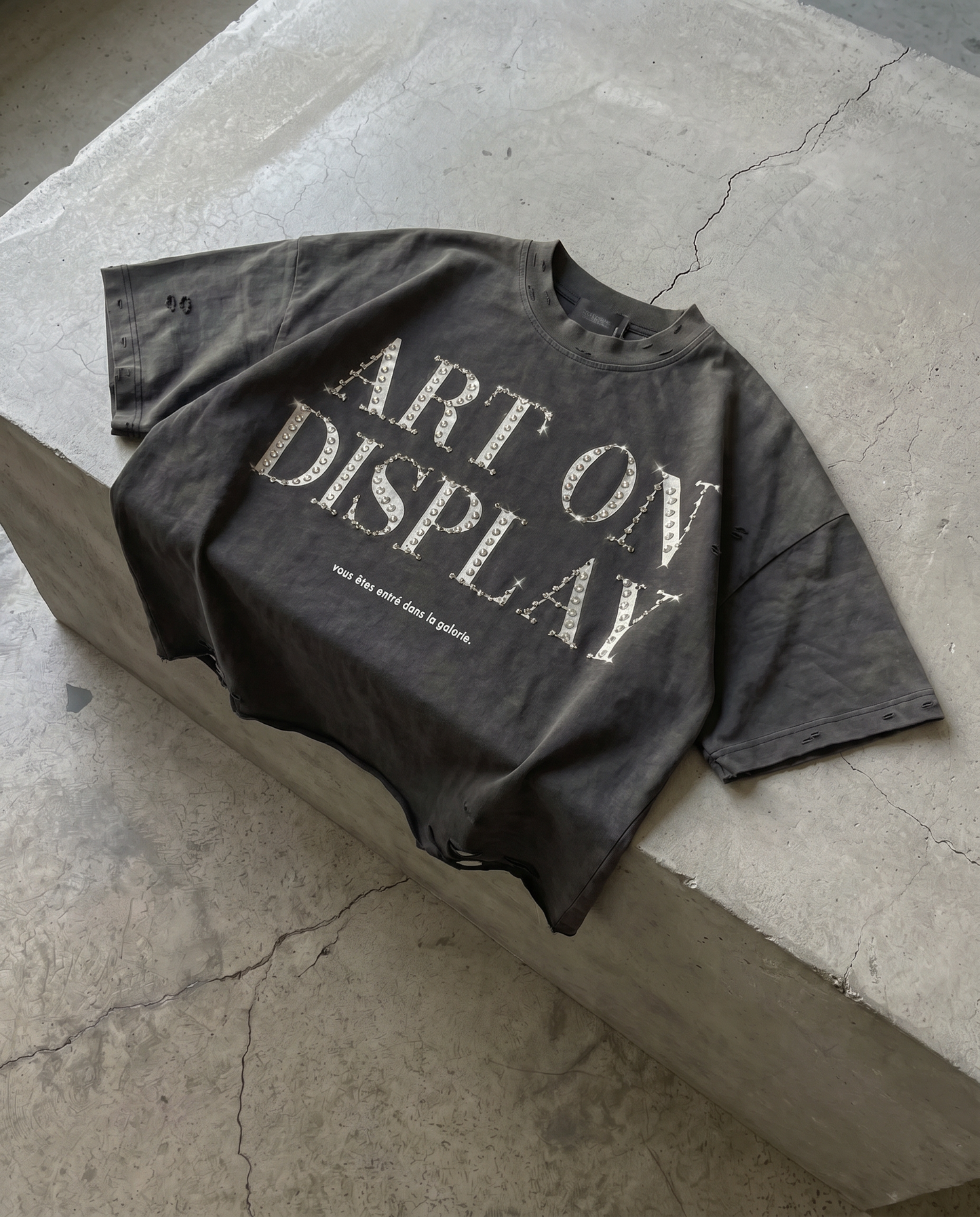 "ART ON DISPLAY" RHINESTONE DISTRESSTED TEE