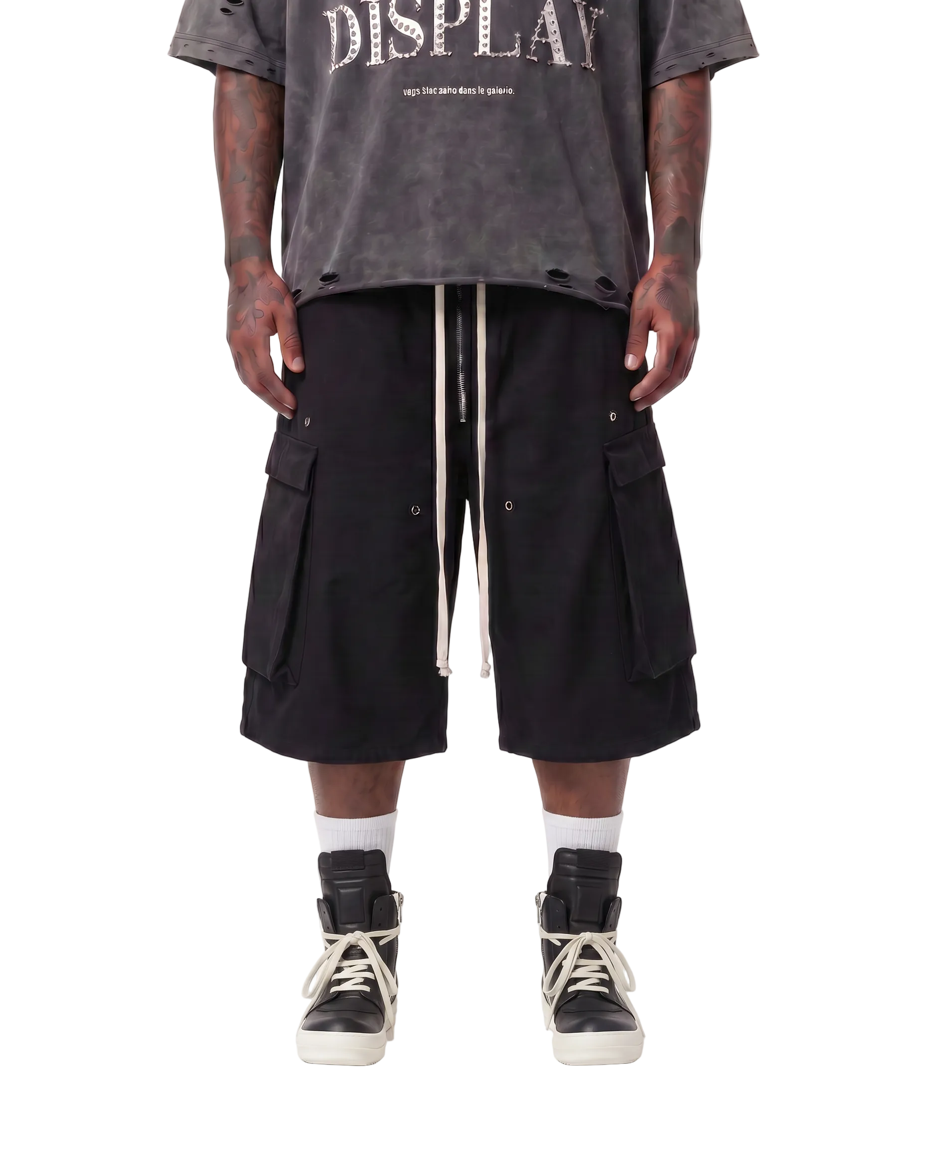 WAXED DENIM LONG CARGO SHORTS