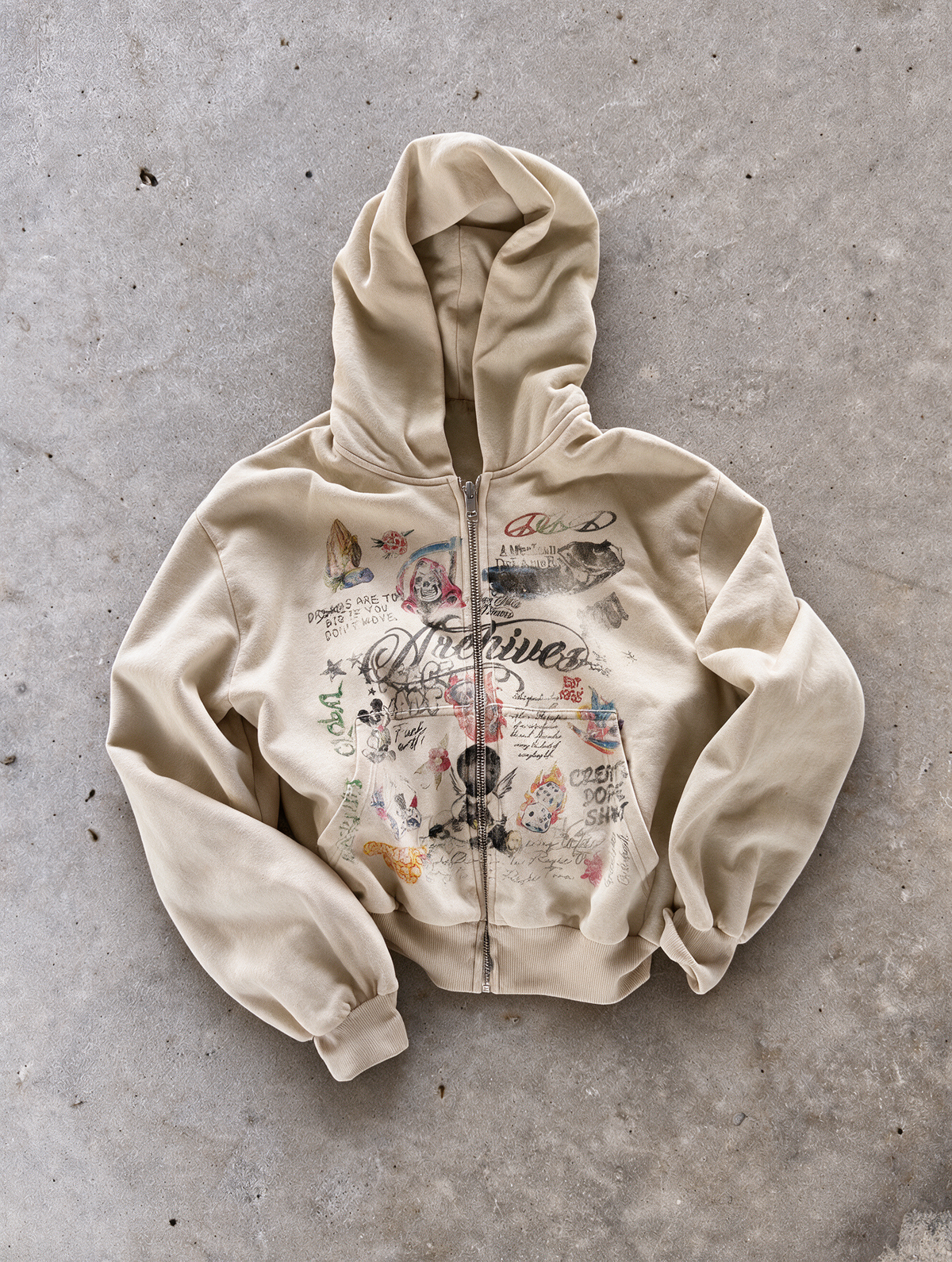 'GRAFFITI DREAMS' HEAVYWEIGHT BOXY ZIPUP HOODIE — Tan — additional product view