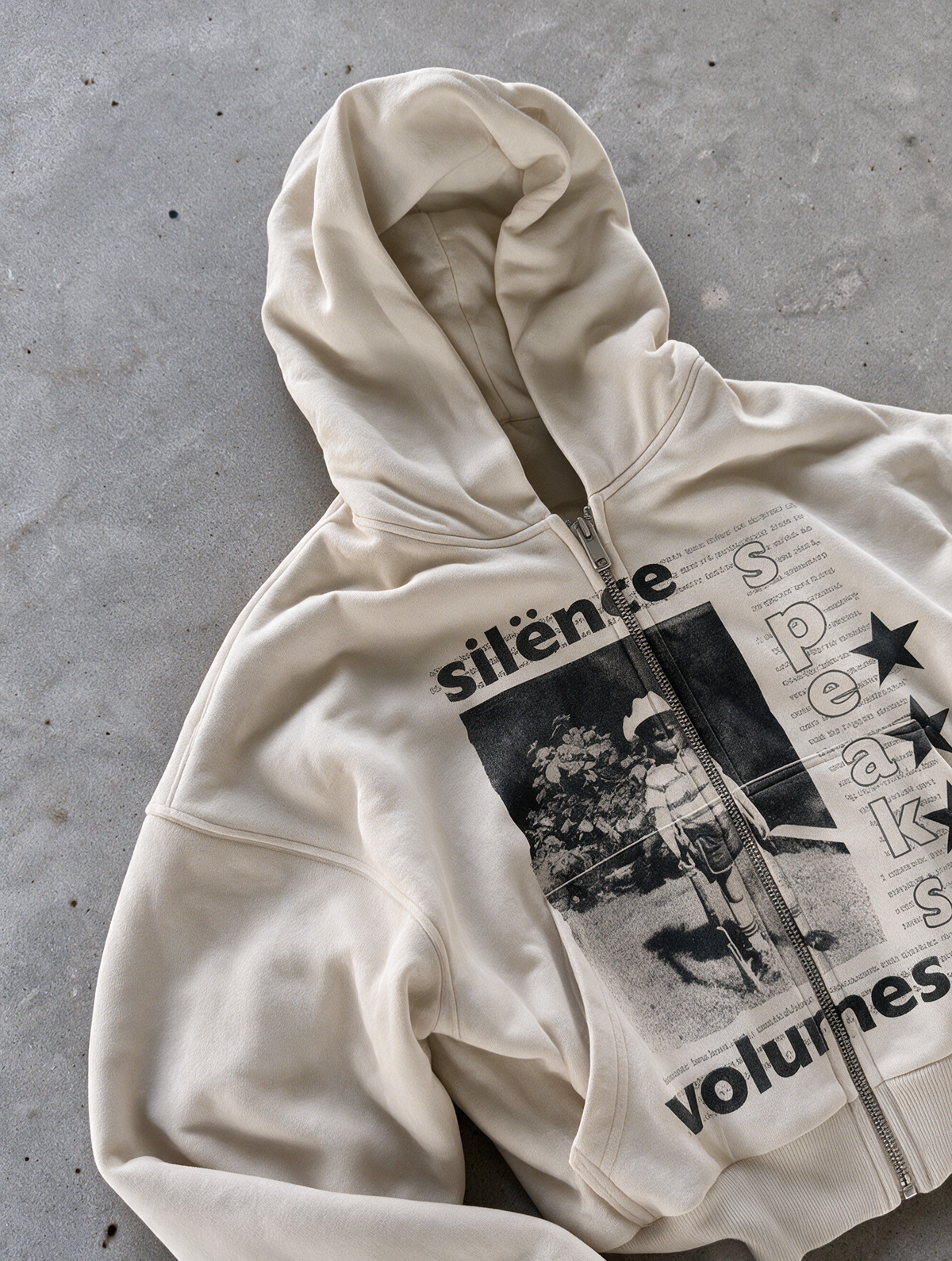 'SILENCE SPEAKS VOLUMES' HEAVYWEIGHT BOXY ZIPUP HOODIE — Tan — additional product view