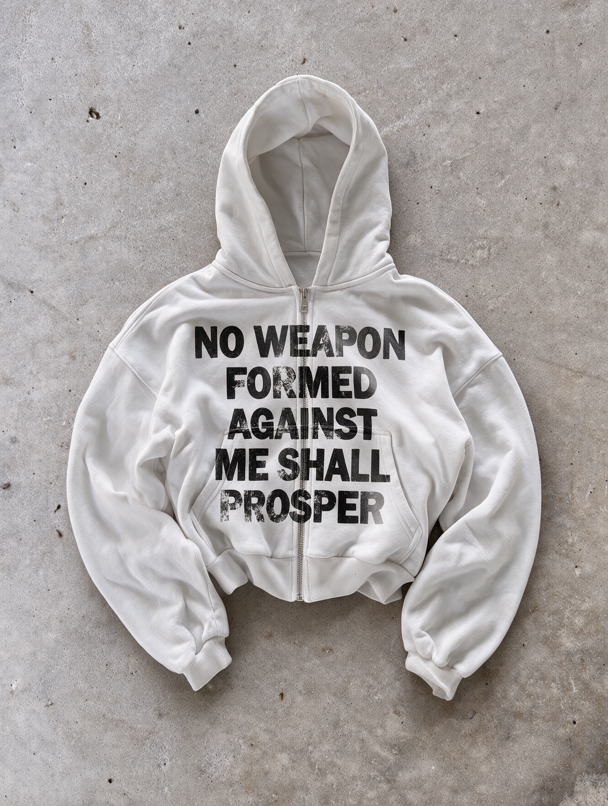 'NO WEAPON FORMED' HEAVYWEIGHT BOXY ZIPUP HOODIE — White — additional product view