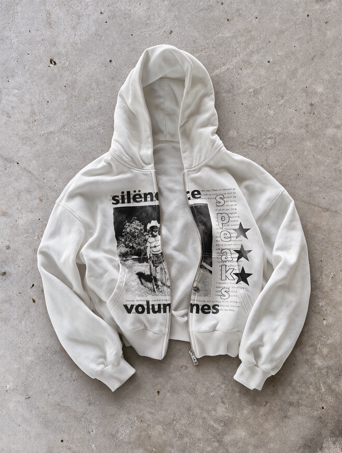 'SILENCE SPEAKS VOLUMES' HEAVYWEIGHT BOXY ZIPUP HOODIE — White — additional product view