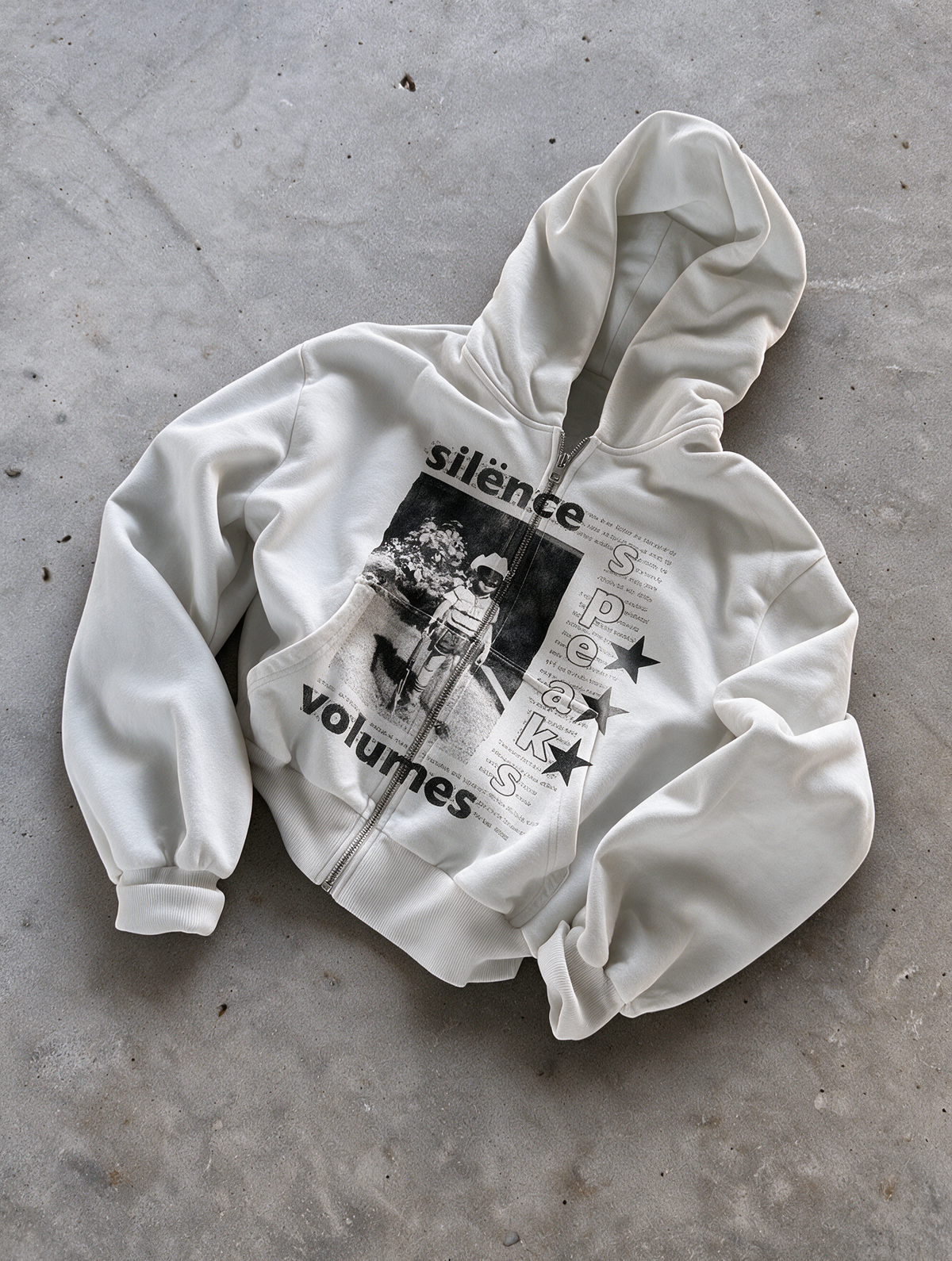 'SILENCE SPEAKS VOLUMES' HEAVYWEIGHT BOXY ZIPUP HOODIE — White — additional product view