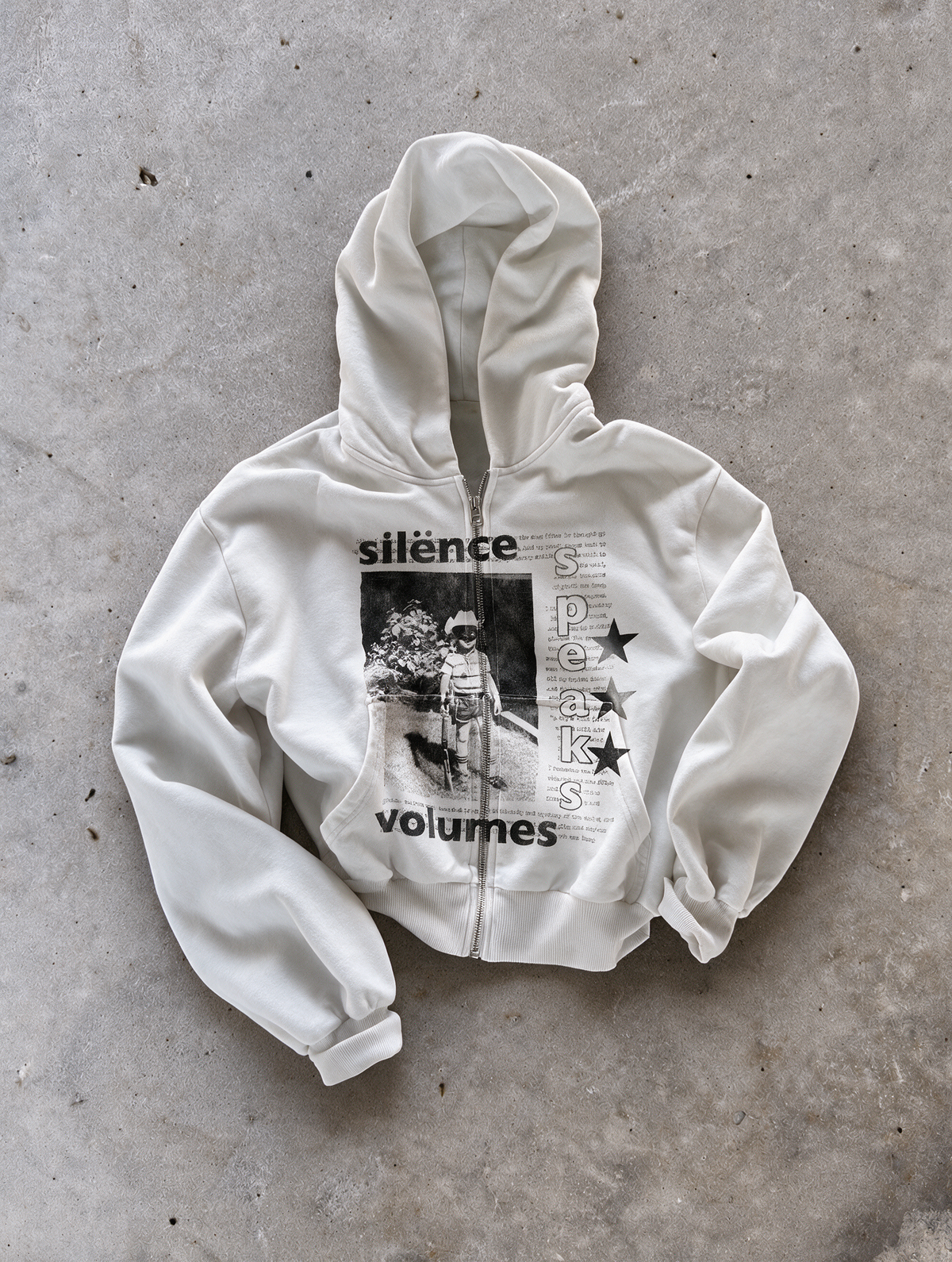 'SILENCE SPEAKS VOLUMES' HEAVYWEIGHT BOXY ZIPUP HOODIE — White — additional product view