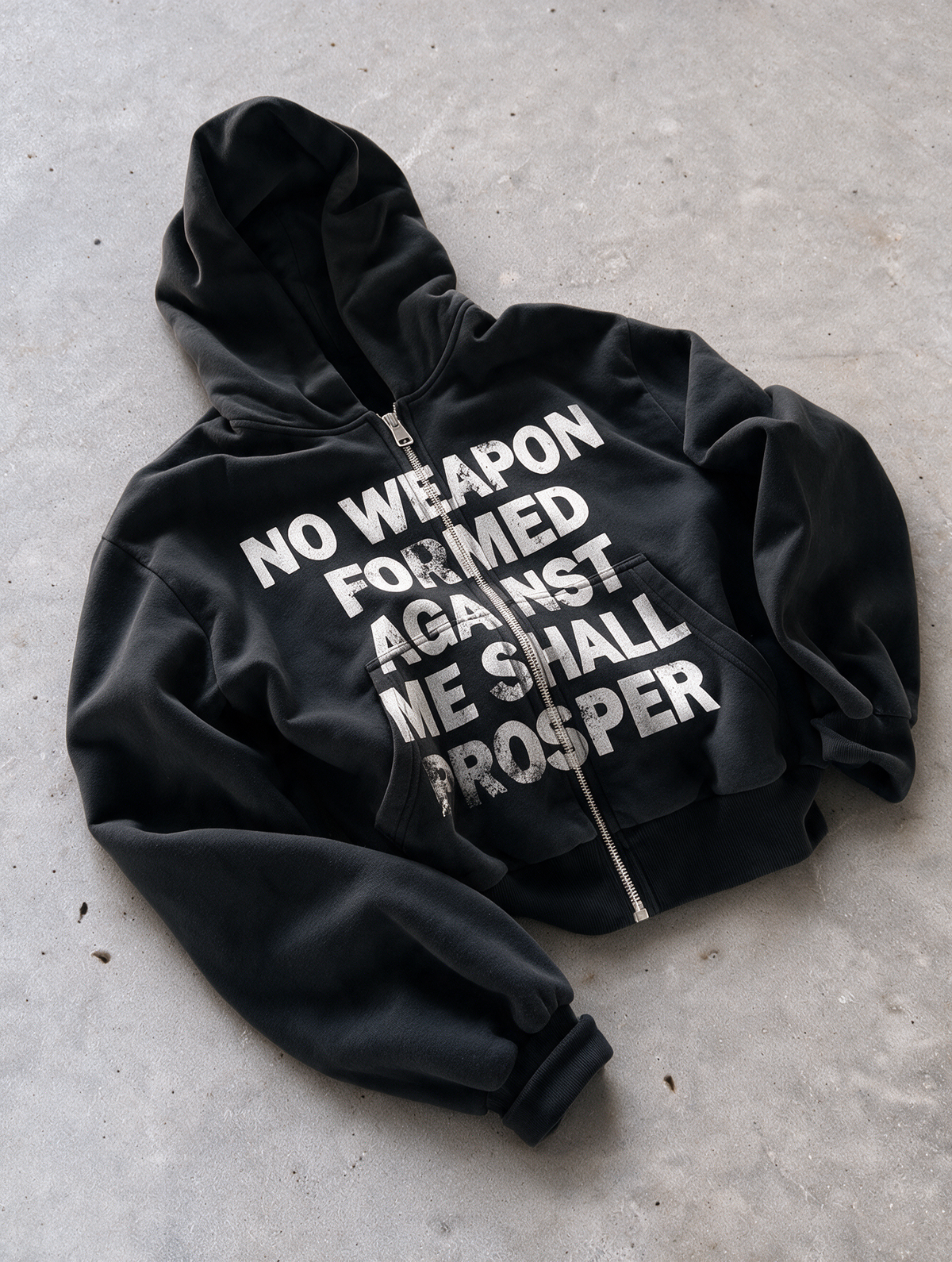 'NO WEAPON FORMED' HEAVYWEIGHT BOXY ZIPUP HOODIE — Black — additional product view