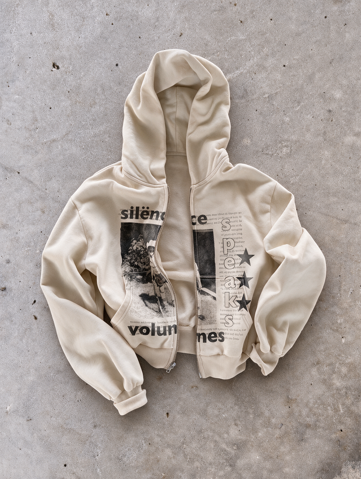 'SILENCE SPEAKS VOLUMES' HEAVYWEIGHT BOXY ZIPUP HOODIE — Tan — additional product view