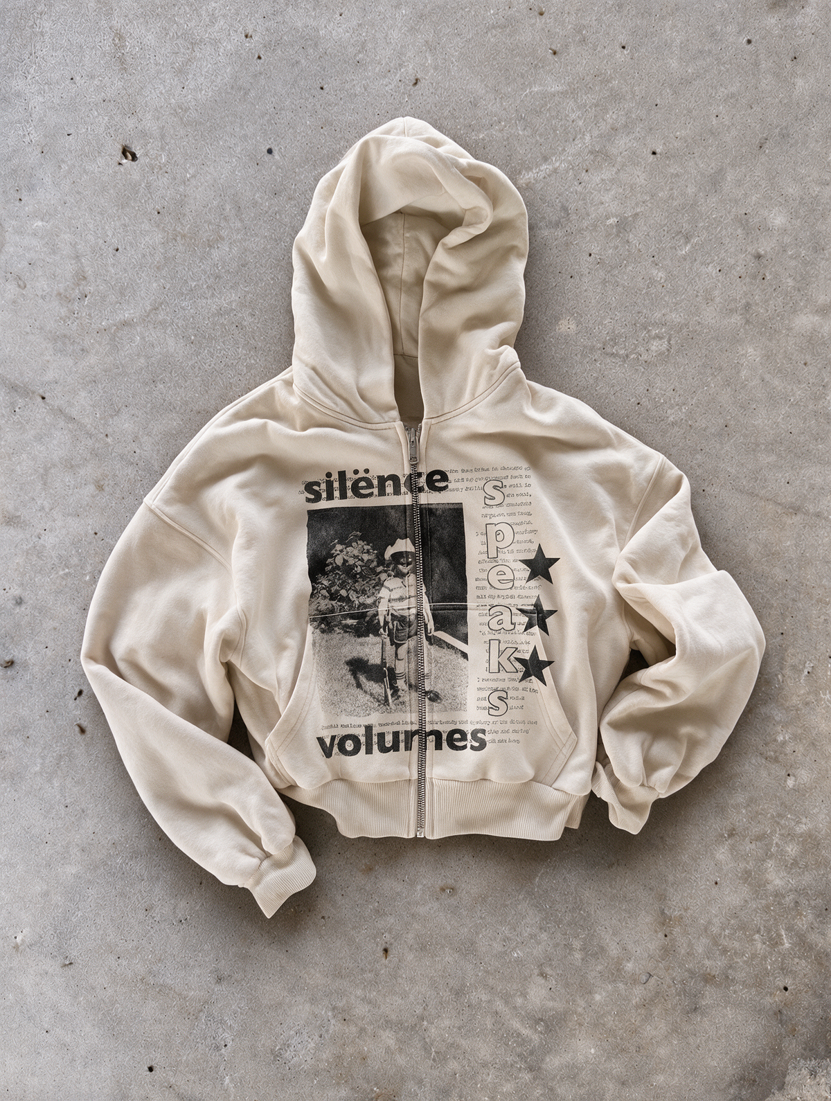 'SILENCE SPEAKS VOLUMES' HEAVYWEIGHT BOXY ZIPUP HOODIE — Tan — additional product view