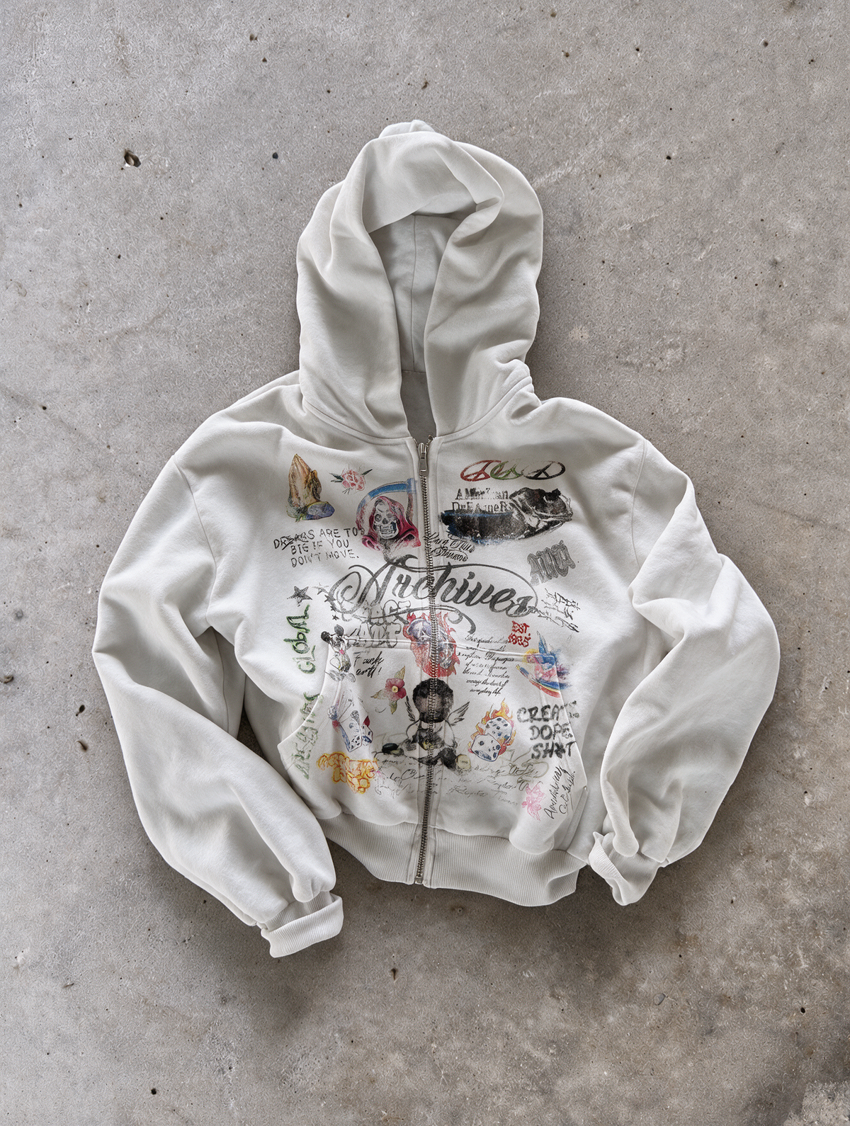 'GRAFFITI DREAMS' HEAVYWEIGHT BOXY ZIPUP HOODIE — White — additional product view