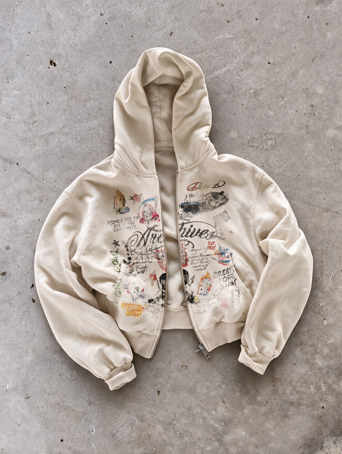 'GRAFFITI DREAMS' HEAVYWEIGHT BOXY ZIPUP HOODIE — Tan — additional product view