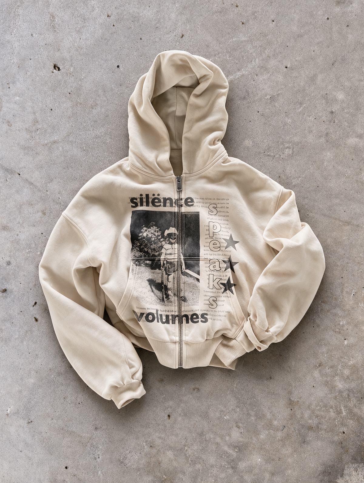 'SILENCE SPEAKS VOLUMES' HEAVYWEIGHT BOXY ZIPUP HOODIE — Tan — additional product view