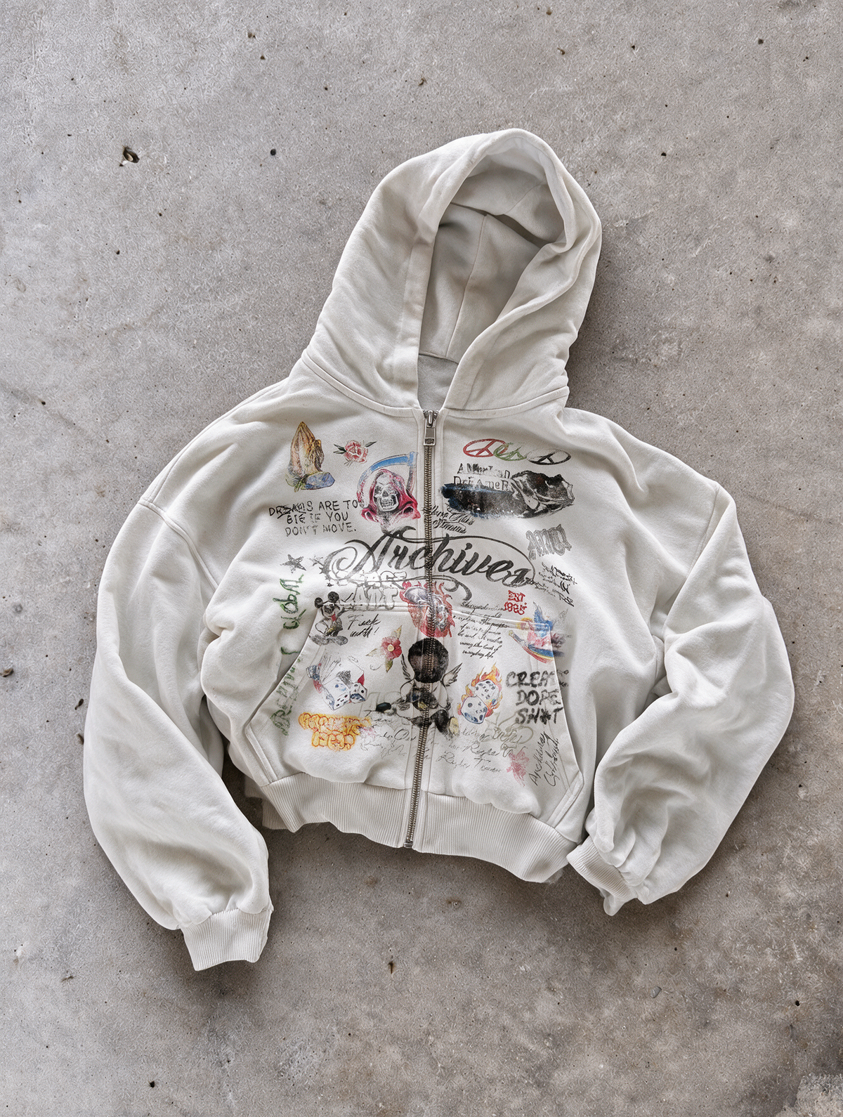 'GRAFFITI DREAMS' HEAVYWEIGHT BOXY ZIPUP HOODIE — White — additional product view