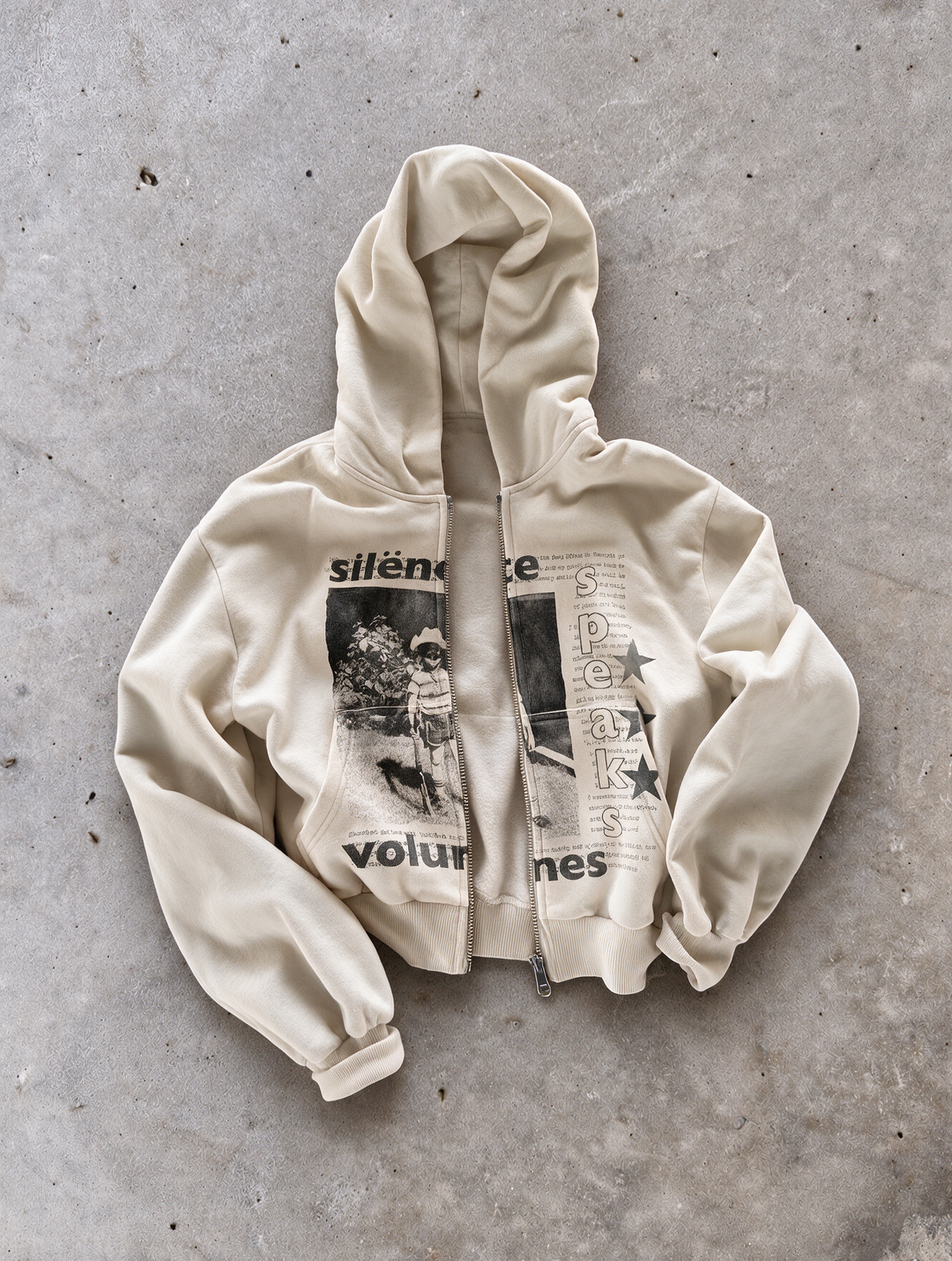 'SILENCE SPEAKS VOLUMES' HEAVYWEIGHT BOXY ZIPUP HOODIE — Tan — additional product view