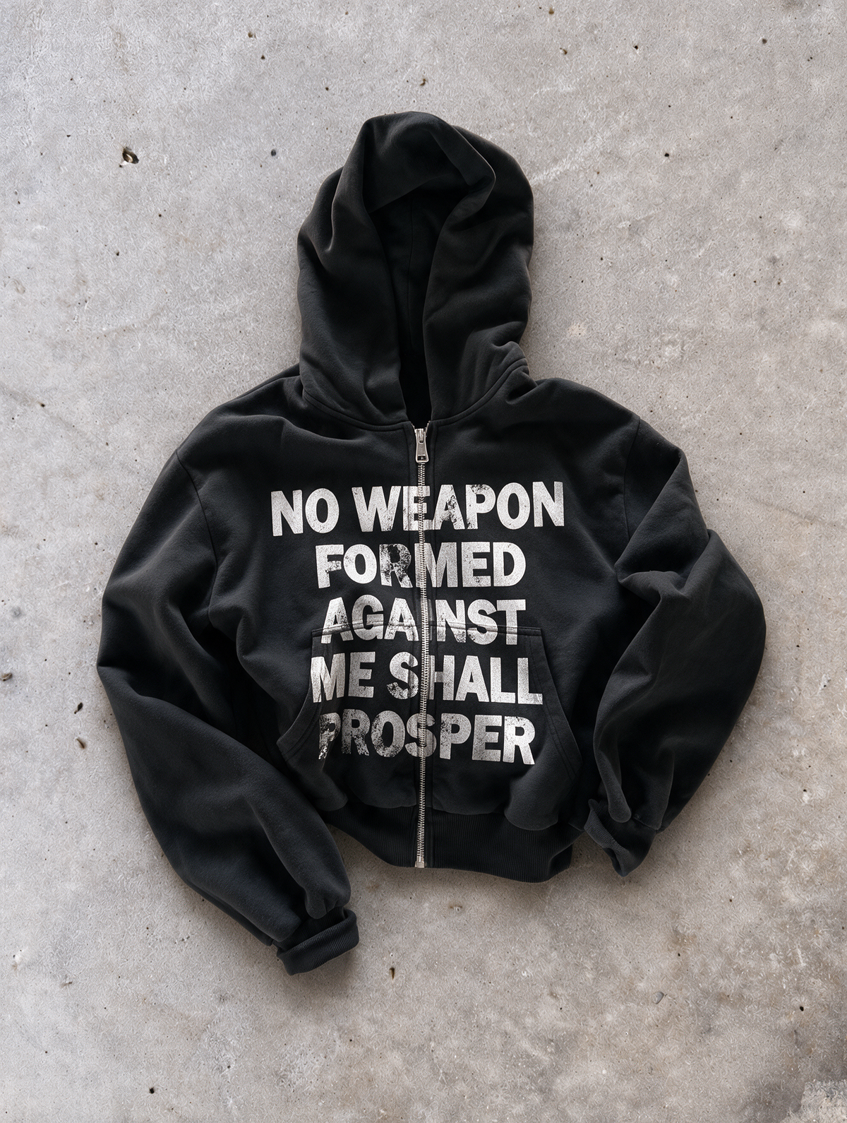 'NO WEAPON FORMED' HEAVYWEIGHT BOXY ZIPUP HOODIE — Black — additional product view