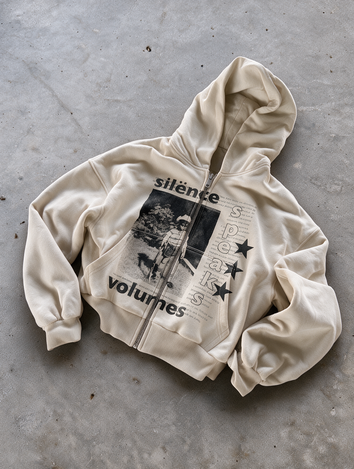 'SILENCE SPEAKS VOLUMES' HEAVYWEIGHT BOXY ZIPUP HOODIE — Tan — additional product view