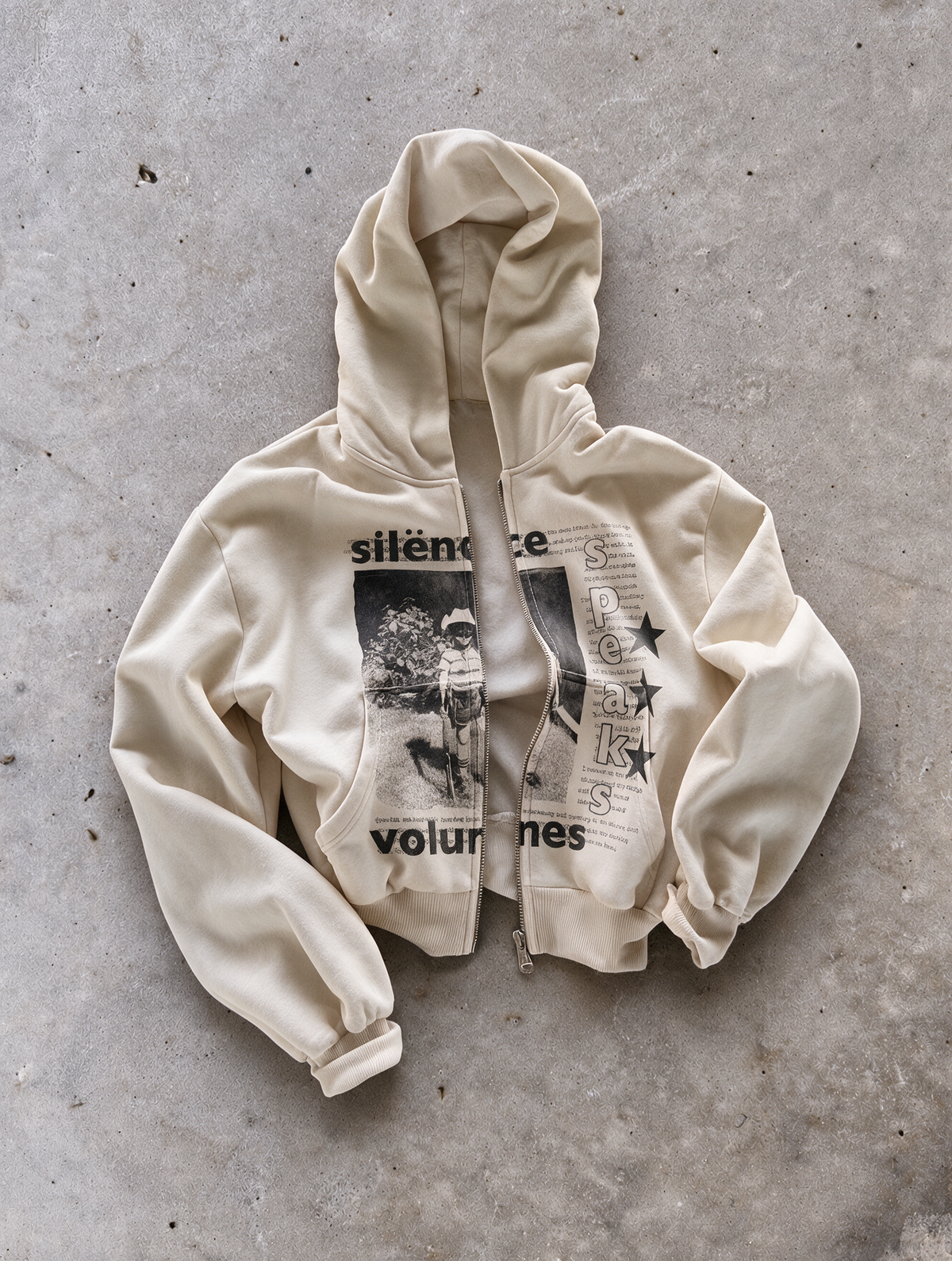 'SILENCE SPEAKS VOLUMES' HEAVYWEIGHT BOXY ZIPUP HOODIE — Tan — additional product view