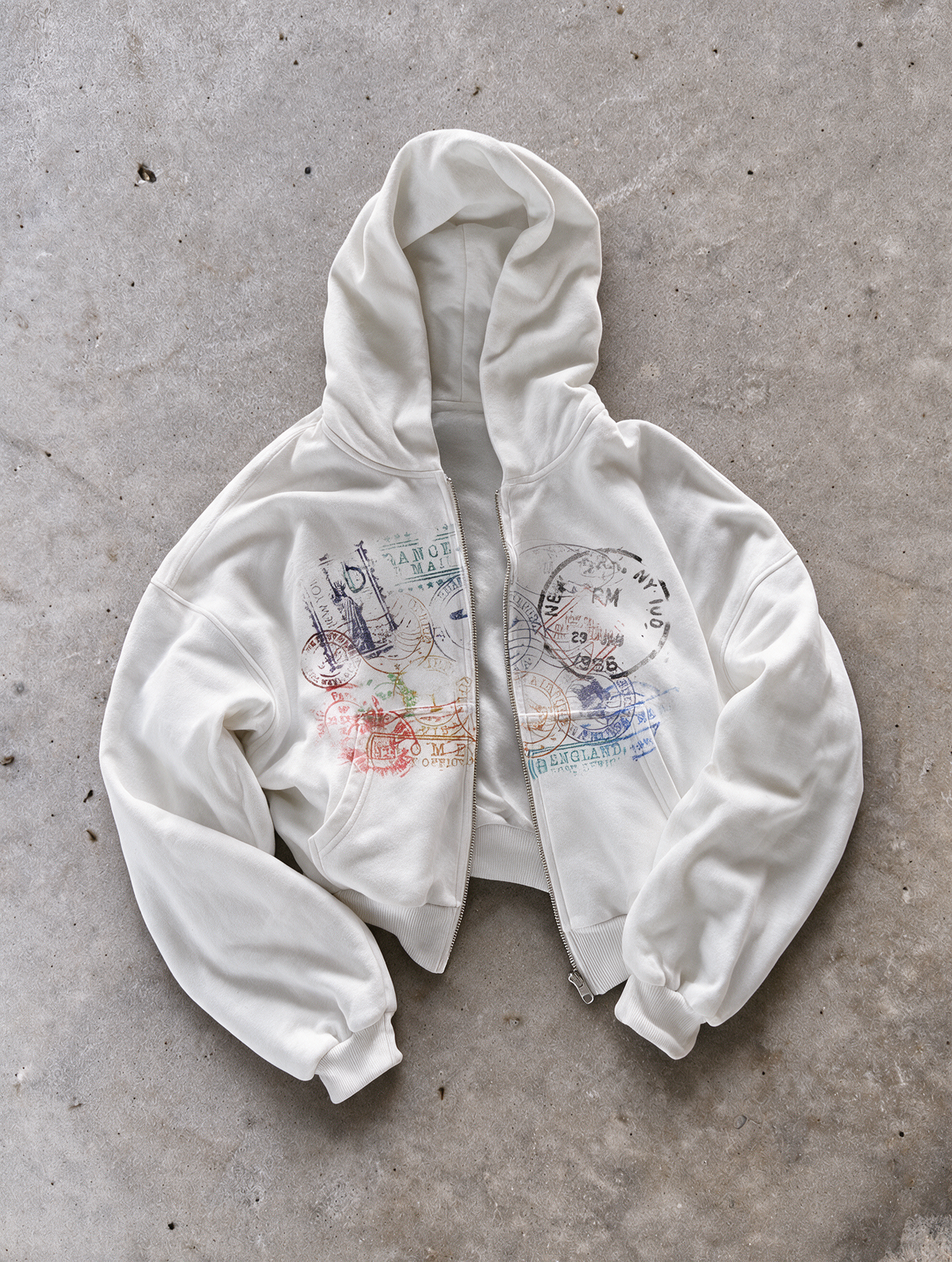 'STAMPS II' HEAVYWEIGHT BOXY ZIPUP HOODIE — White — additional product view