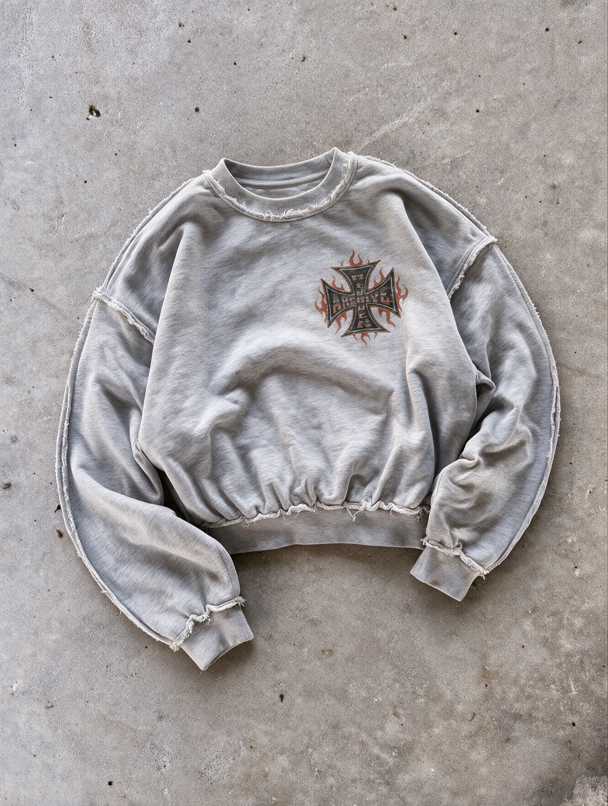 'FLAME II' distressed crewneck sweatshirt in gray, front flat-lay view 5
