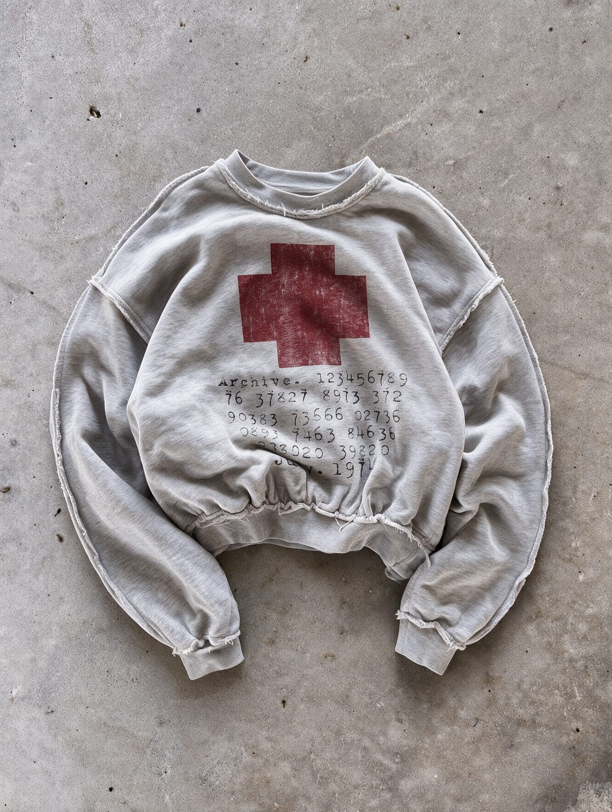 'JULY1974' distressed crewneck sweatshirt in gray, front flat-lay view 2