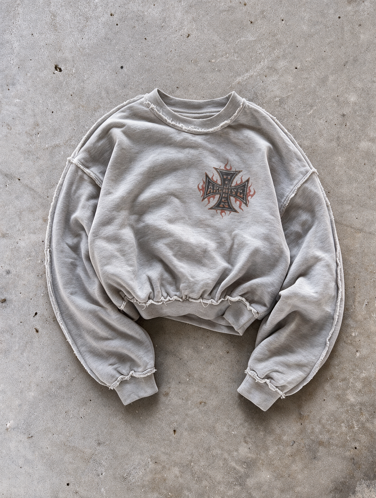 'FLAME II' distressed crewneck sweatshirt in gray, front flat-lay view 2