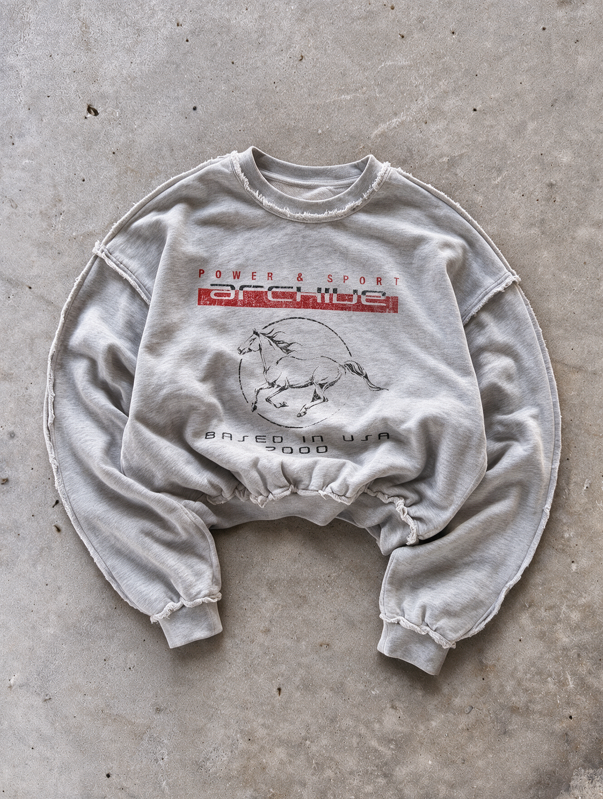 'POWER' distressed crewneck sweatshirt in gray, front flat-lay view 2