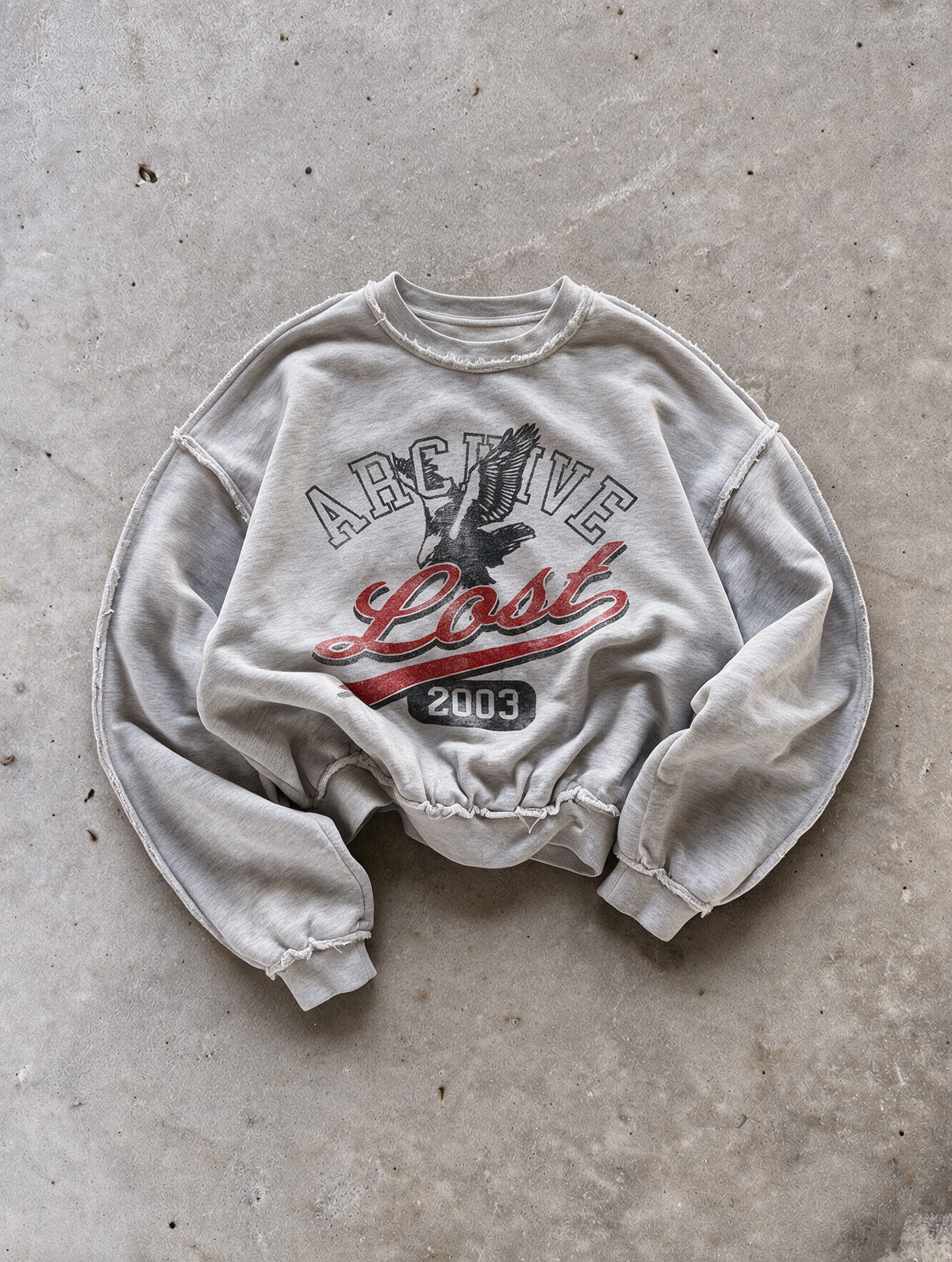 'LOST' distressed crewneck sweatshirt in gray, front flat-lay view 4