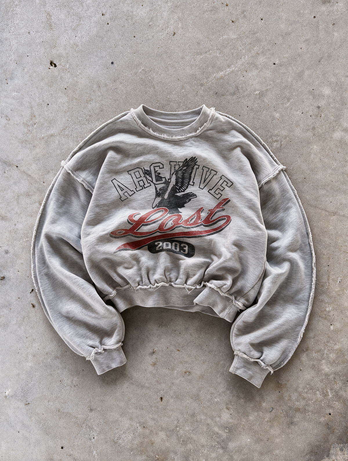'LOST' distressed crewneck sweatshirt in gray, front flat-lay view 2