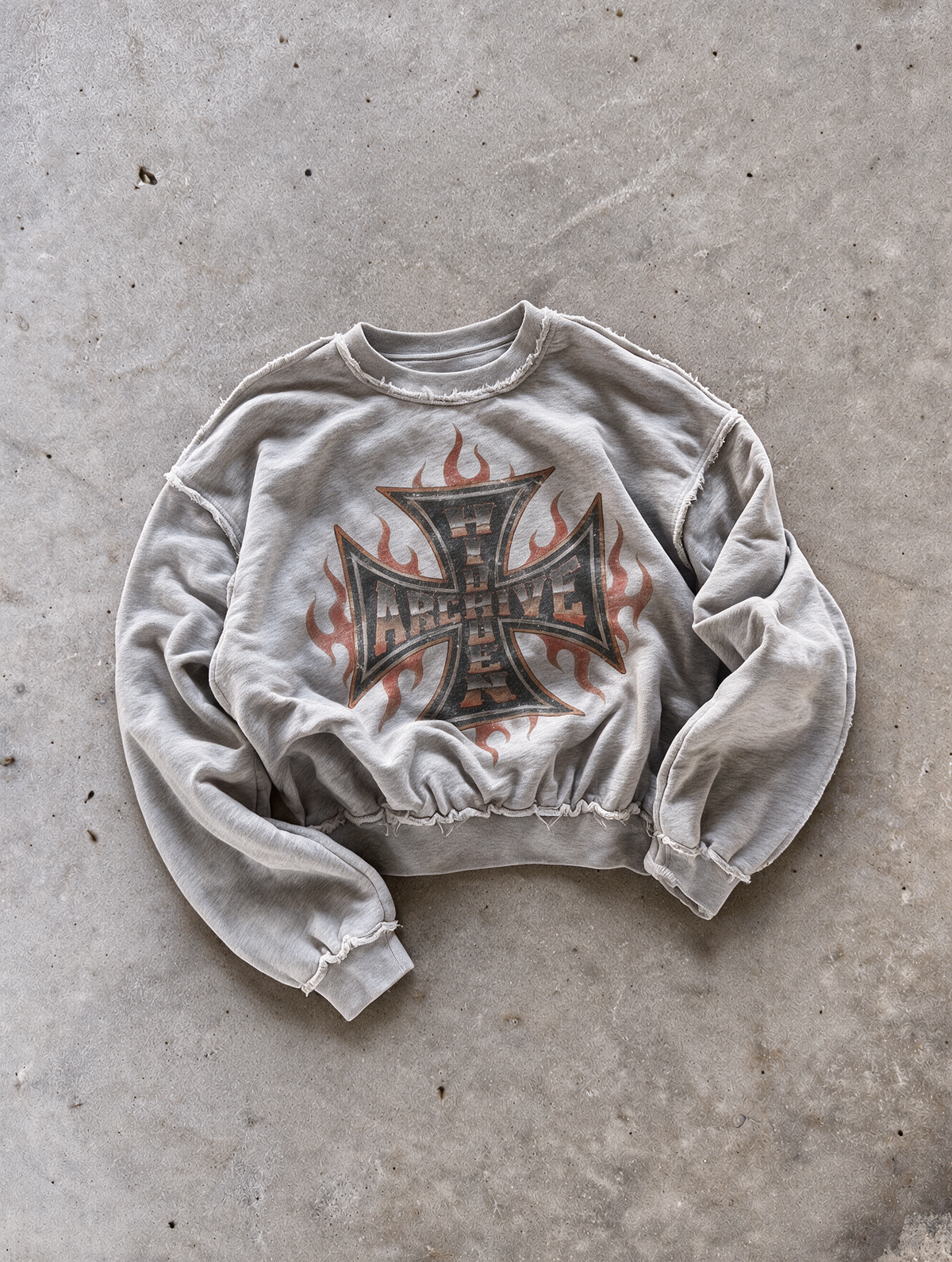 'FLAME' distressed crewneck sweatshirt in gray, front flat-lay view 5