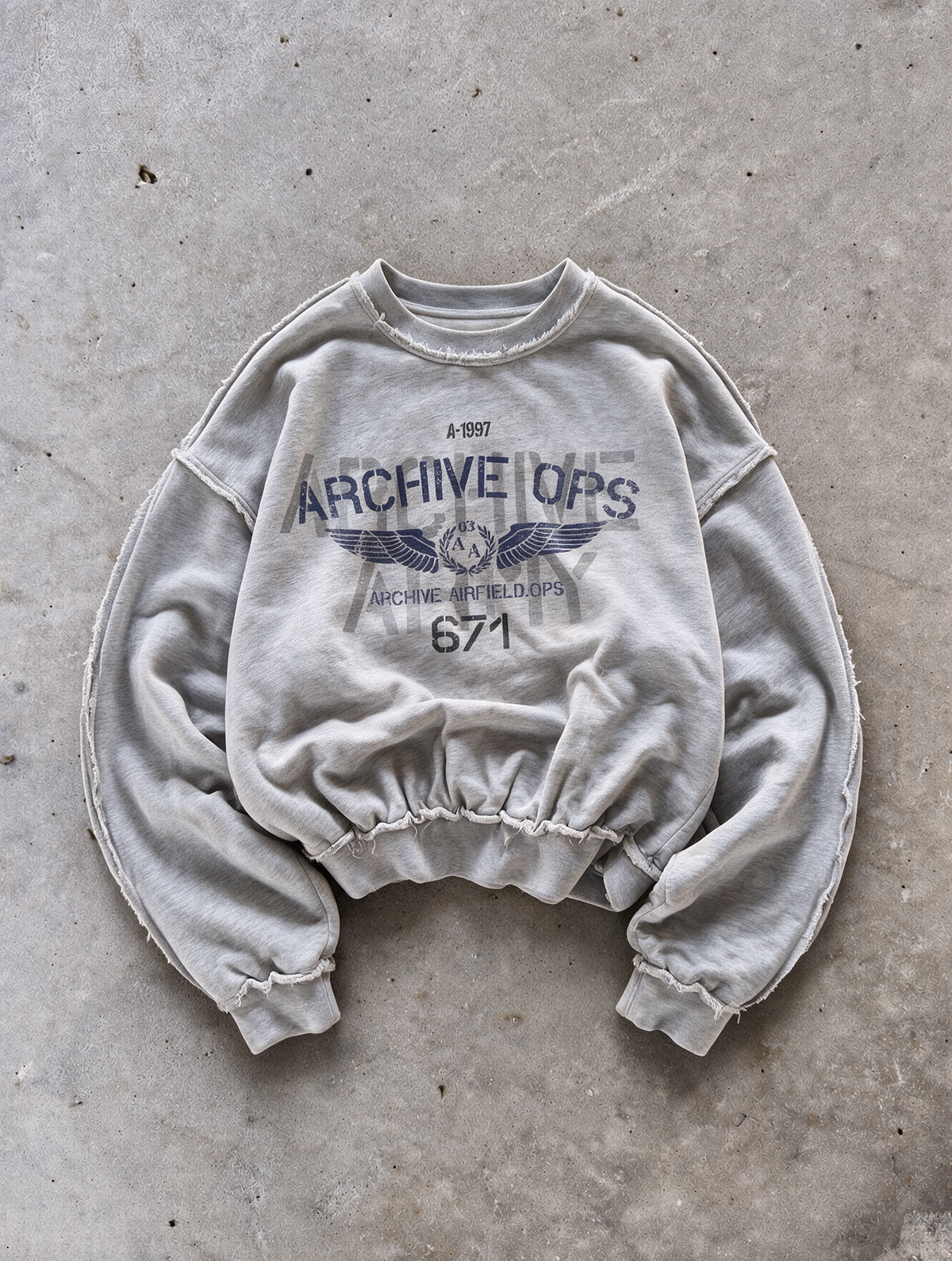 'AIRFORCE' distressed crewneck sweatshirt in gray, front flat-lay view 2