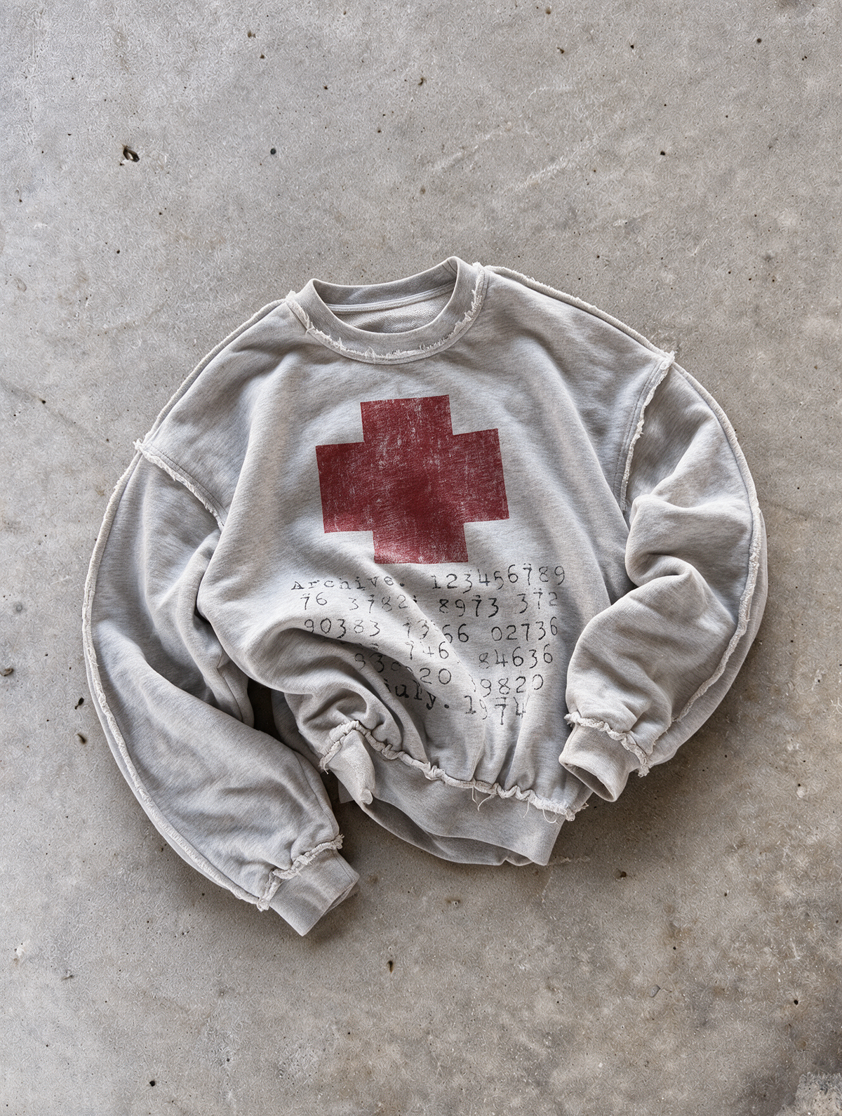'JULY1974' distressed crewneck sweatshirt in gray, front flat-lay view 4