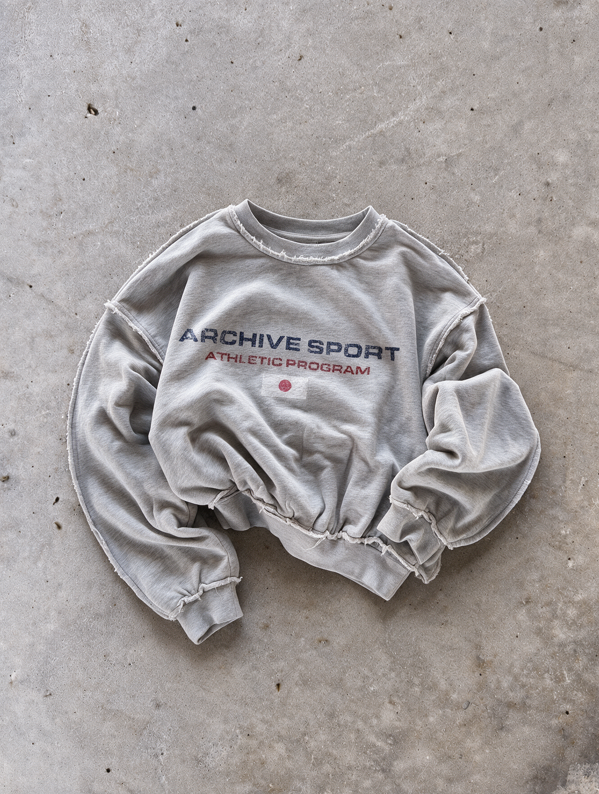 'ARCHIVE SPORT JAPAN' distressed crewneck sweatshirt in gray, front flat-lay view 4