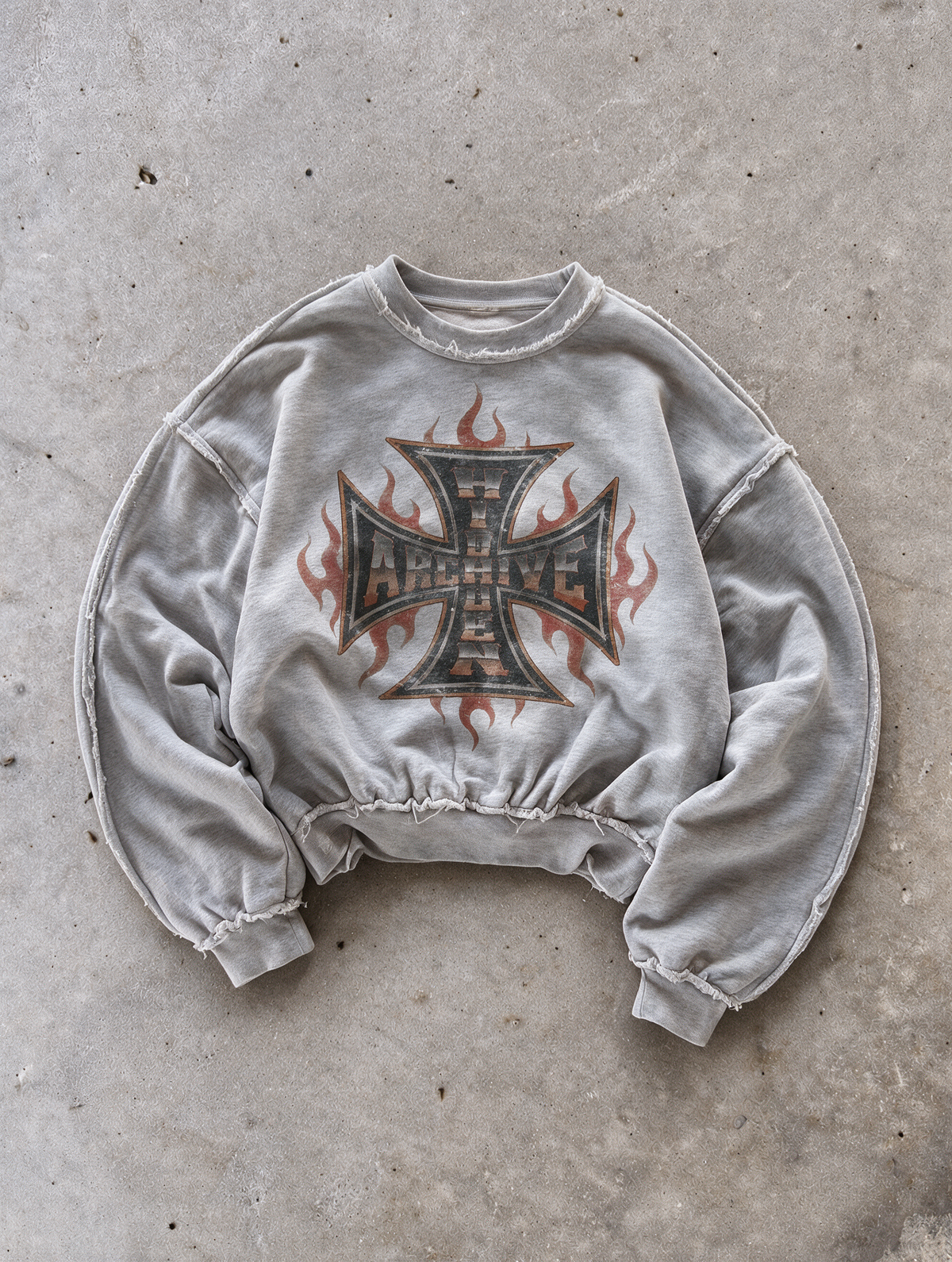 'FLAME' distressed crewneck sweatshirt in gray, front flat-lay view 2