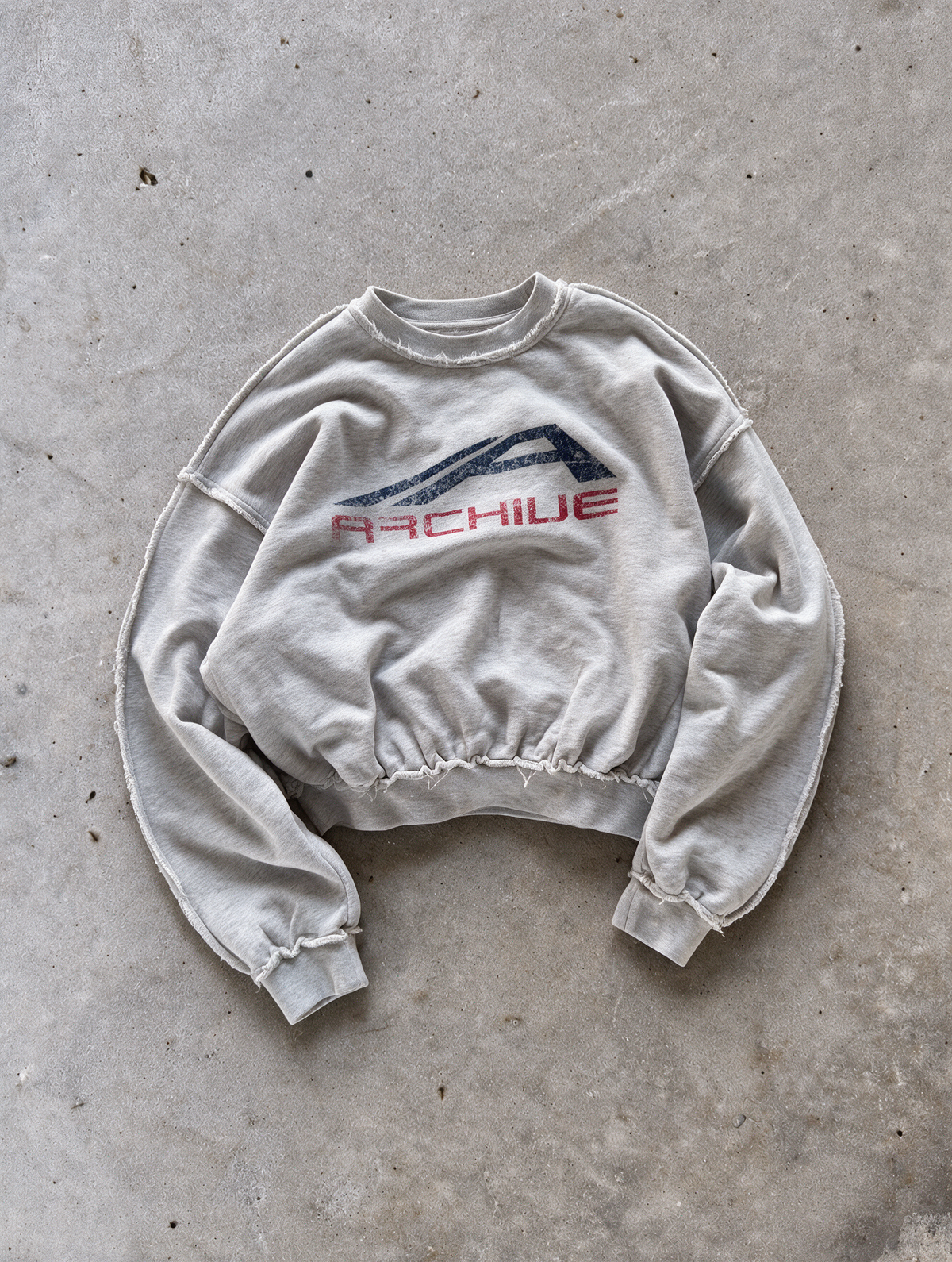 'ARCHIVE SPORT II' distressed crewneck sweatshirt in gray, front flat-lay view 5