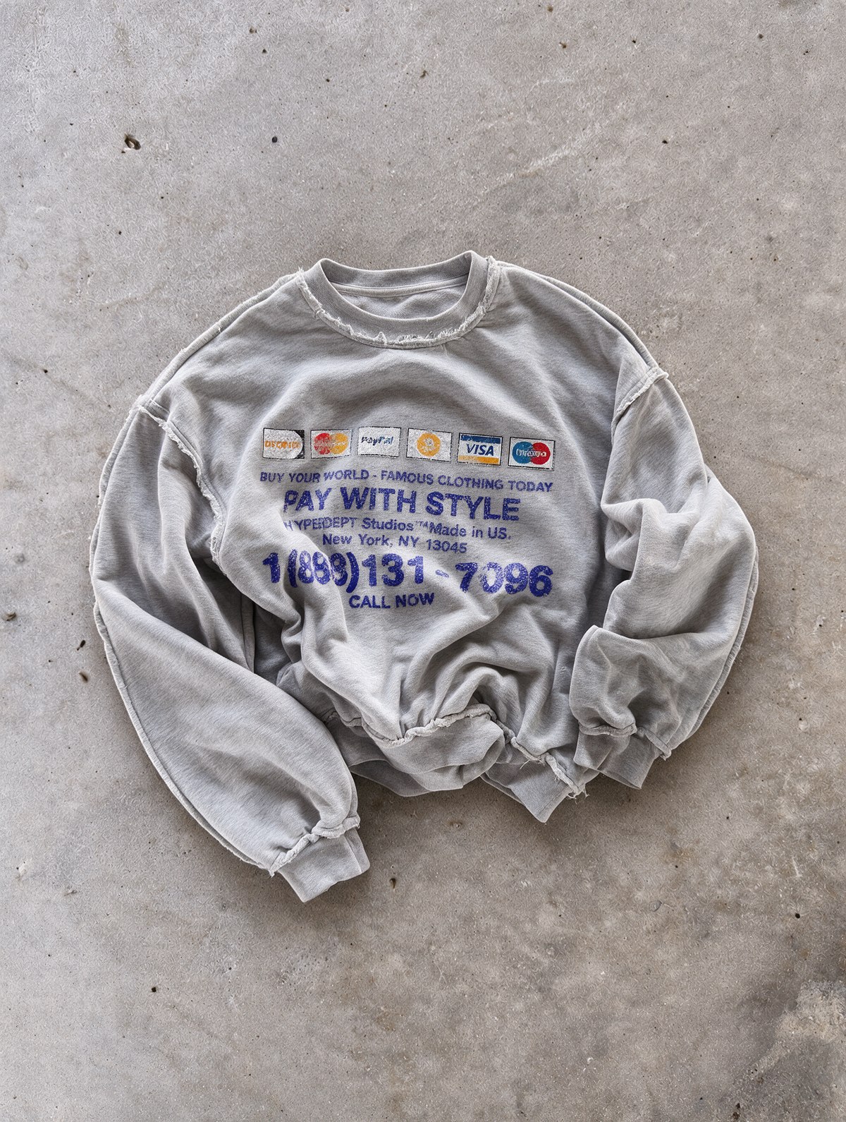 'PAY WITH STYLE' distressed crewneck sweatshirt in gray, front flat-lay view 4