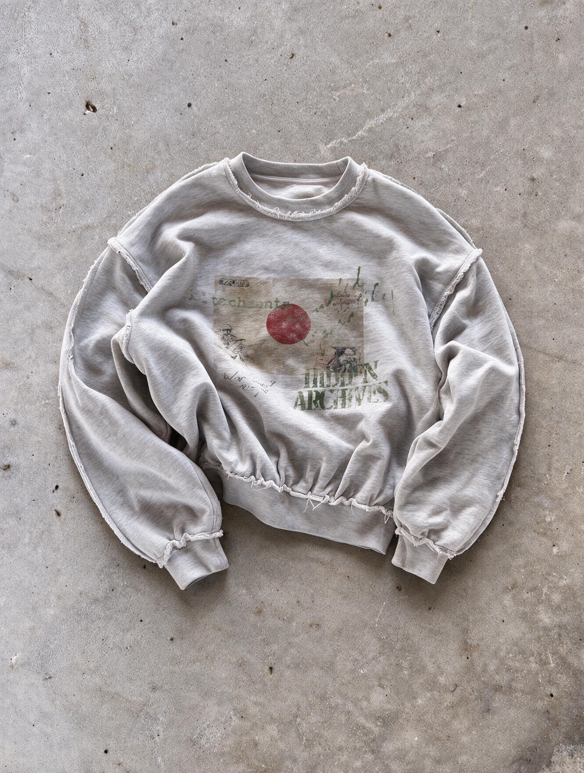 'JAPAN' distressed crewneck sweatshirt in gray, front flat-lay view 1