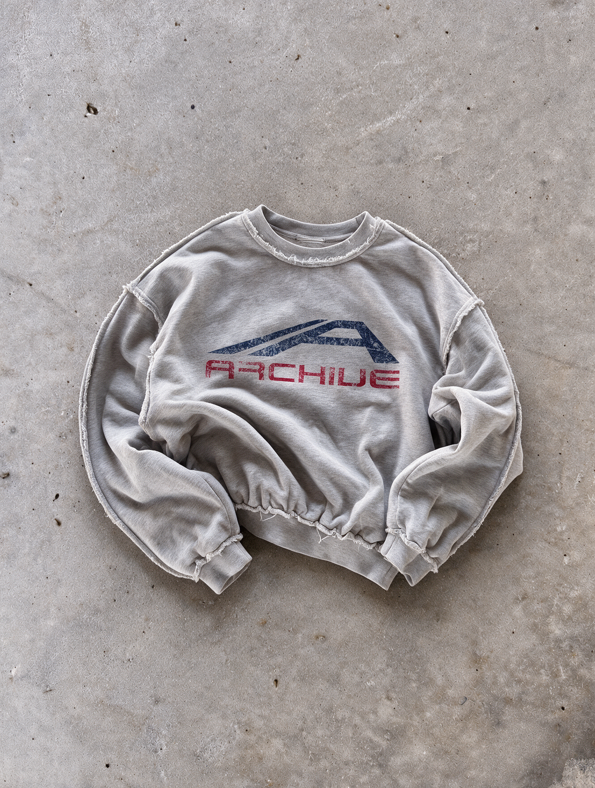 'ARCHIVE SPORT II' distressed crewneck sweatshirt in gray, front flat-lay view 3