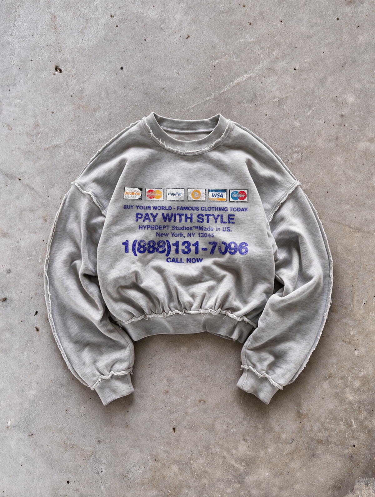'PAY WITH STYLE' distressed crewneck sweatshirt in gray, front flat-lay view 2
