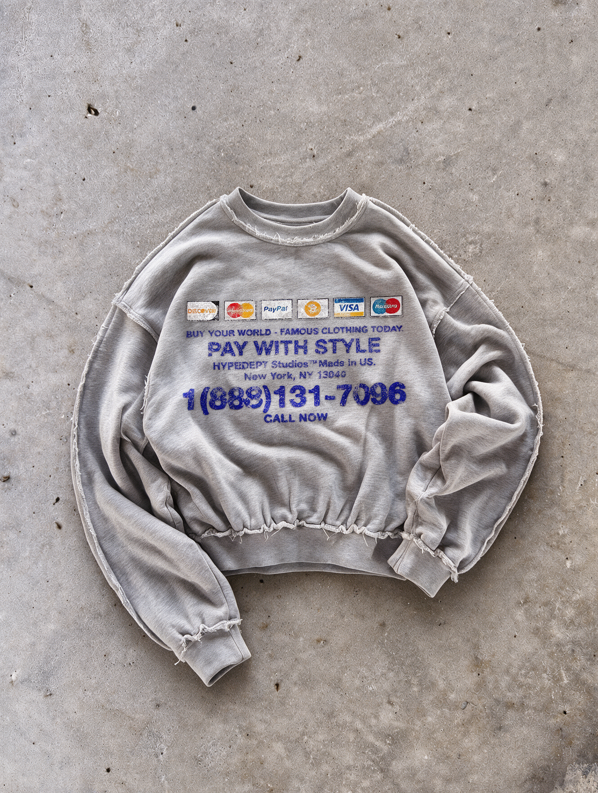 'PAY WITH STYLE' distressed crewneck sweatshirt in gray, front flat-lay view 5