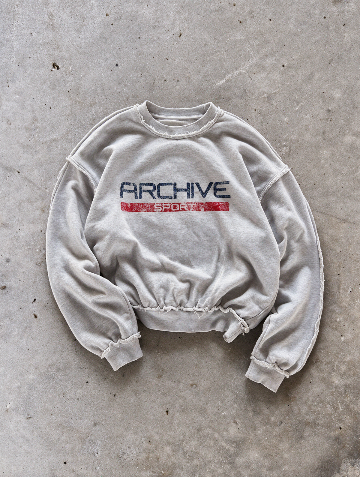 'ARCHIVE SPORT' distressed crewneck sweatshirt in gray, front flat-lay view 2