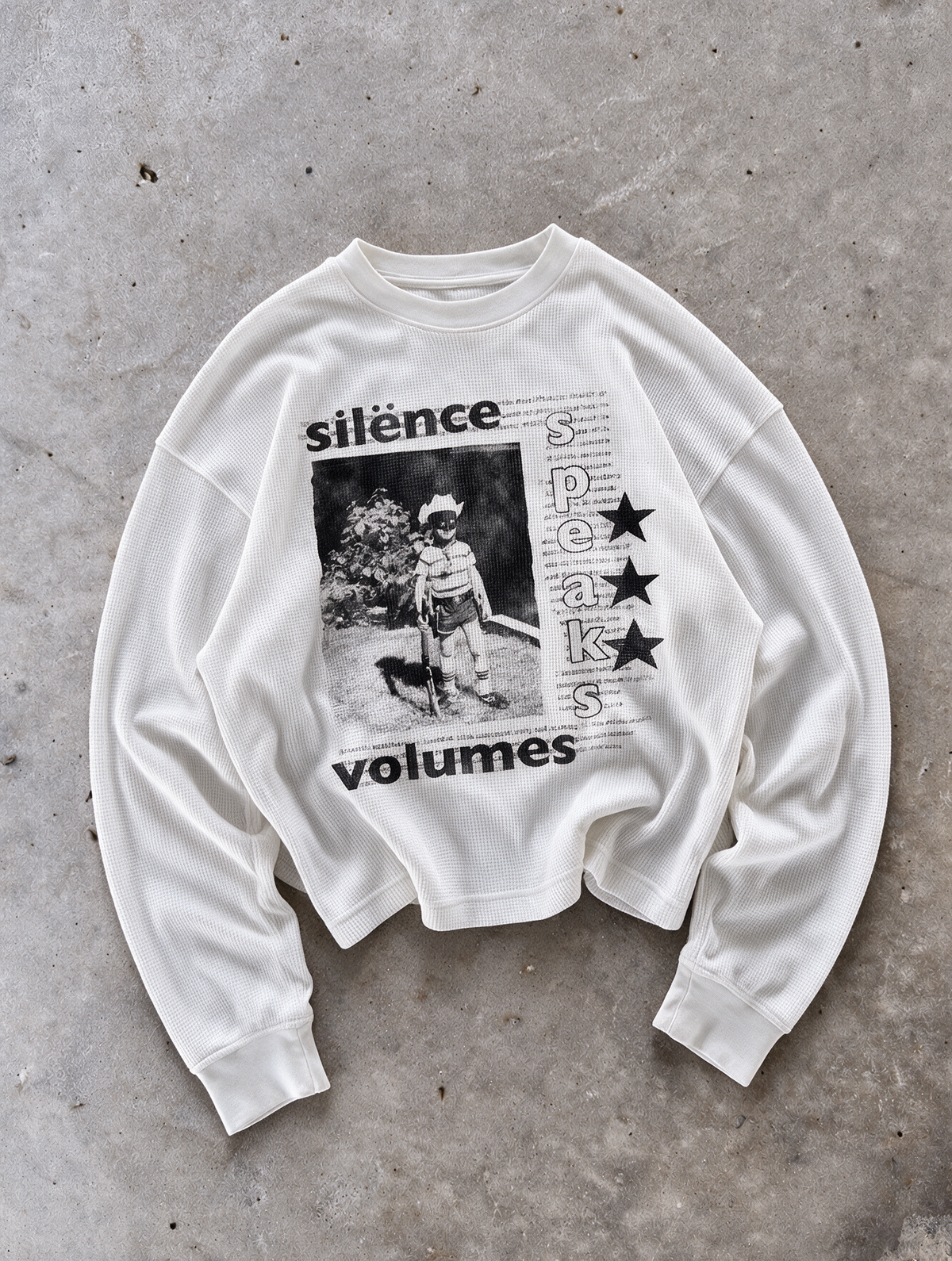 SILENCE SPEAKS VOLUMES white heavyweight thermal, casual flat lay